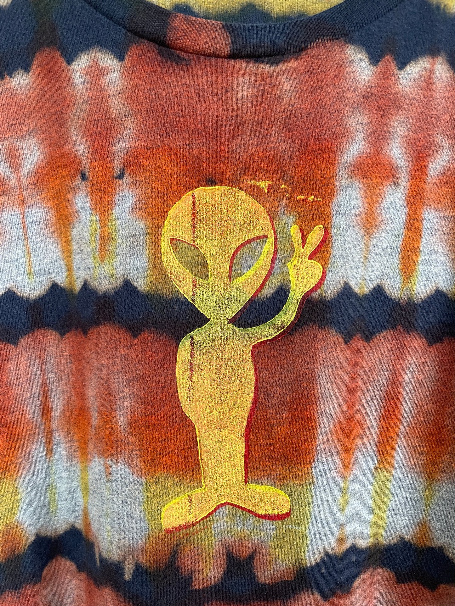 2XL Men's Groovy Alien Handmade Reverse Tie Dye T-Shirt | One-Of-a-Kind Upcycled Black and Red Short Sleeve Shirt