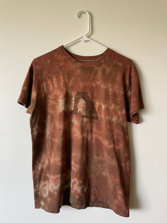 Medium Men's Delicate Arch Handmade Tie Dye T-Shirt | One-Of-a-Kind Upcycled Brown and Orange Earth Tones Short Sleeve Shirt