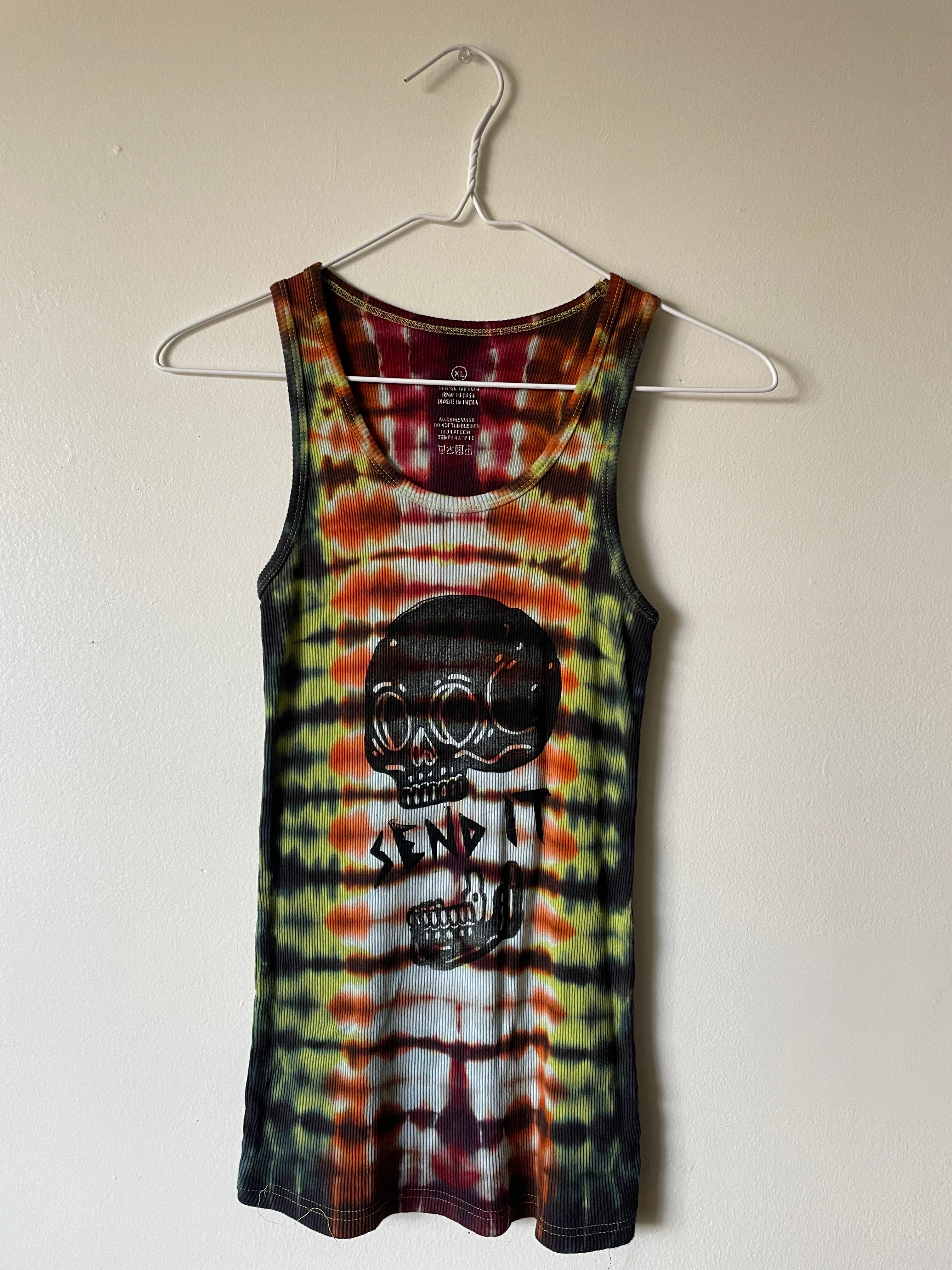 XL Women's Send It Skull Handmade Tie Dye Tank Top | One-Of-a-Kind Upcycled Orange and Black Pleated Sleeveless Top