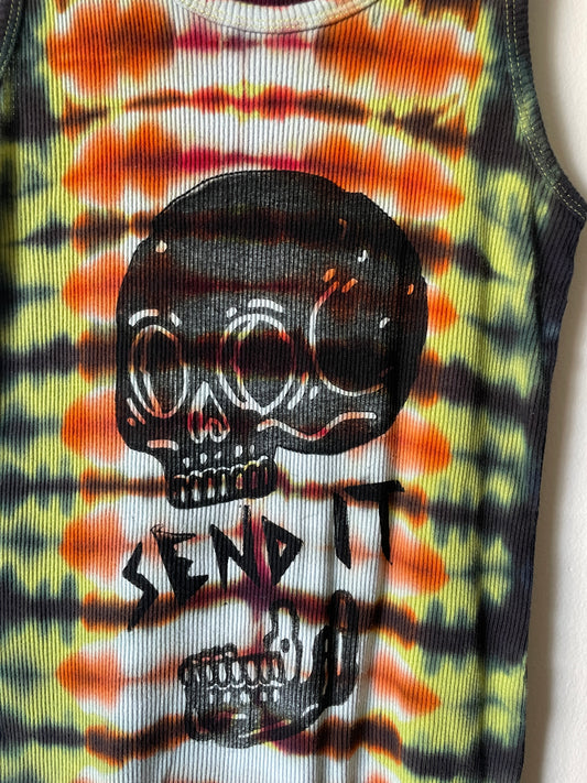 XL Women's Send It Skull Handmade Tie Dye Tank Top | One-Of-a-Kind Upcycled Orange and Black Pleated Sleeveless Top