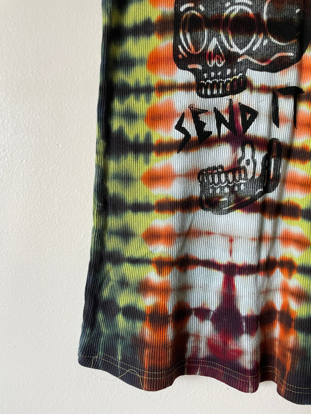 XL Women's Send It Skull Handmade Tie Dye Tank Top | One-Of-a-Kind Upcycled Orange and Black Pleated Sleeveless Top