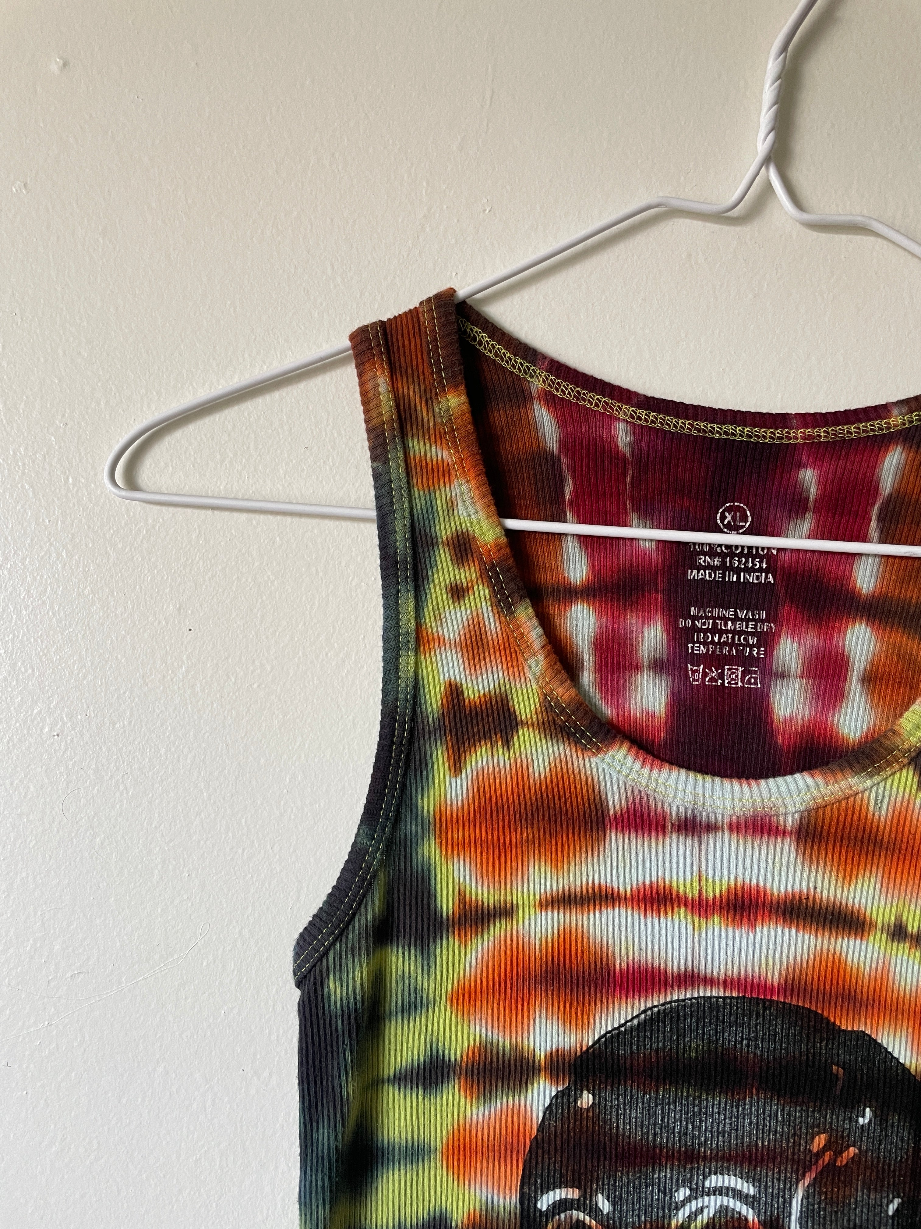 XL Women's Send It Skull Handmade Tie Dye Tank Top | One-Of-a-Kind Upcycled Orange and Black Pleated Sleeveless Top