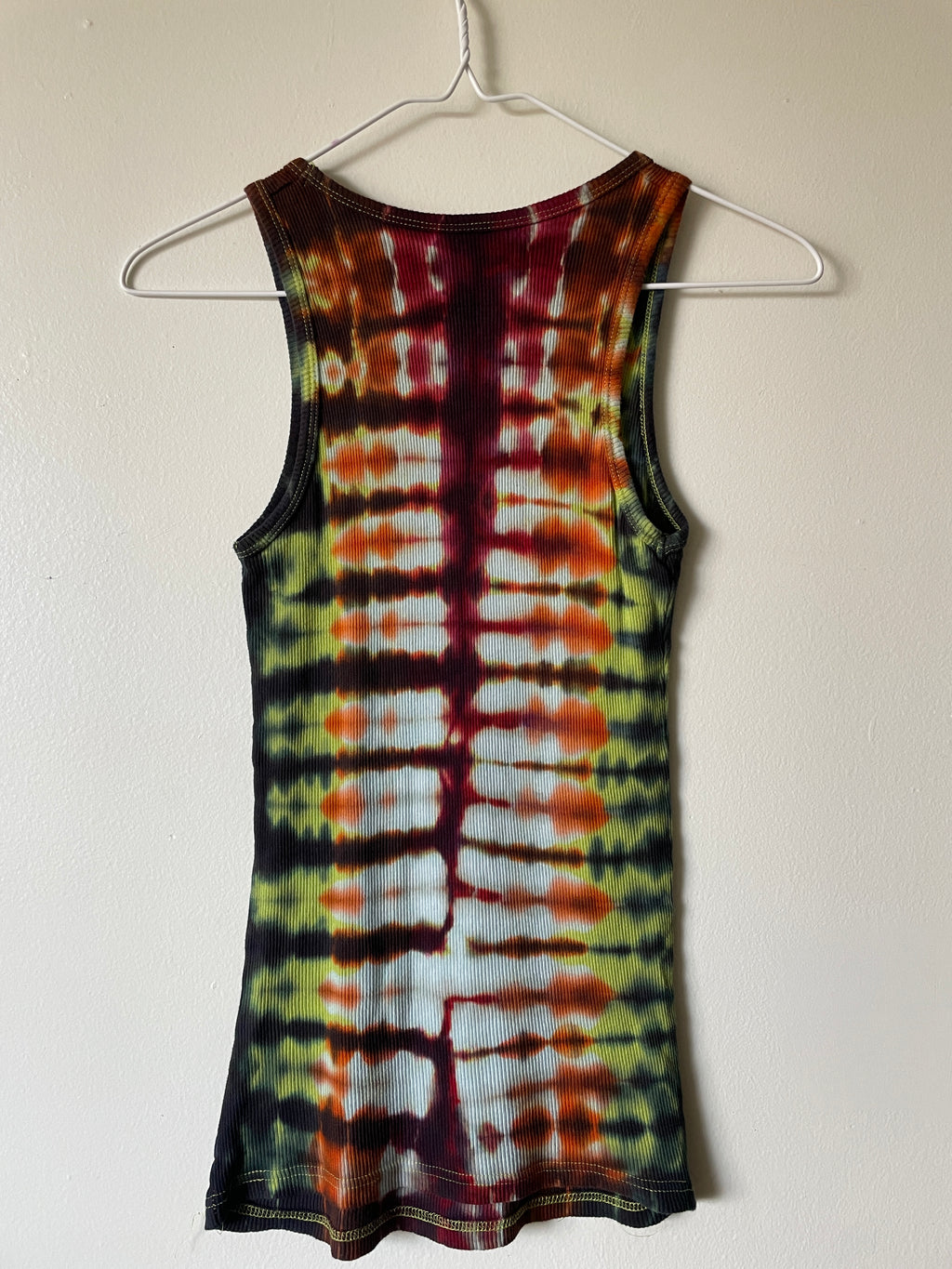 XL Women's Send It Skull Handmade Tie Dye Tank Top | One-Of-a-Kind Upcycled Orange and Black Pleated Sleeveless Top