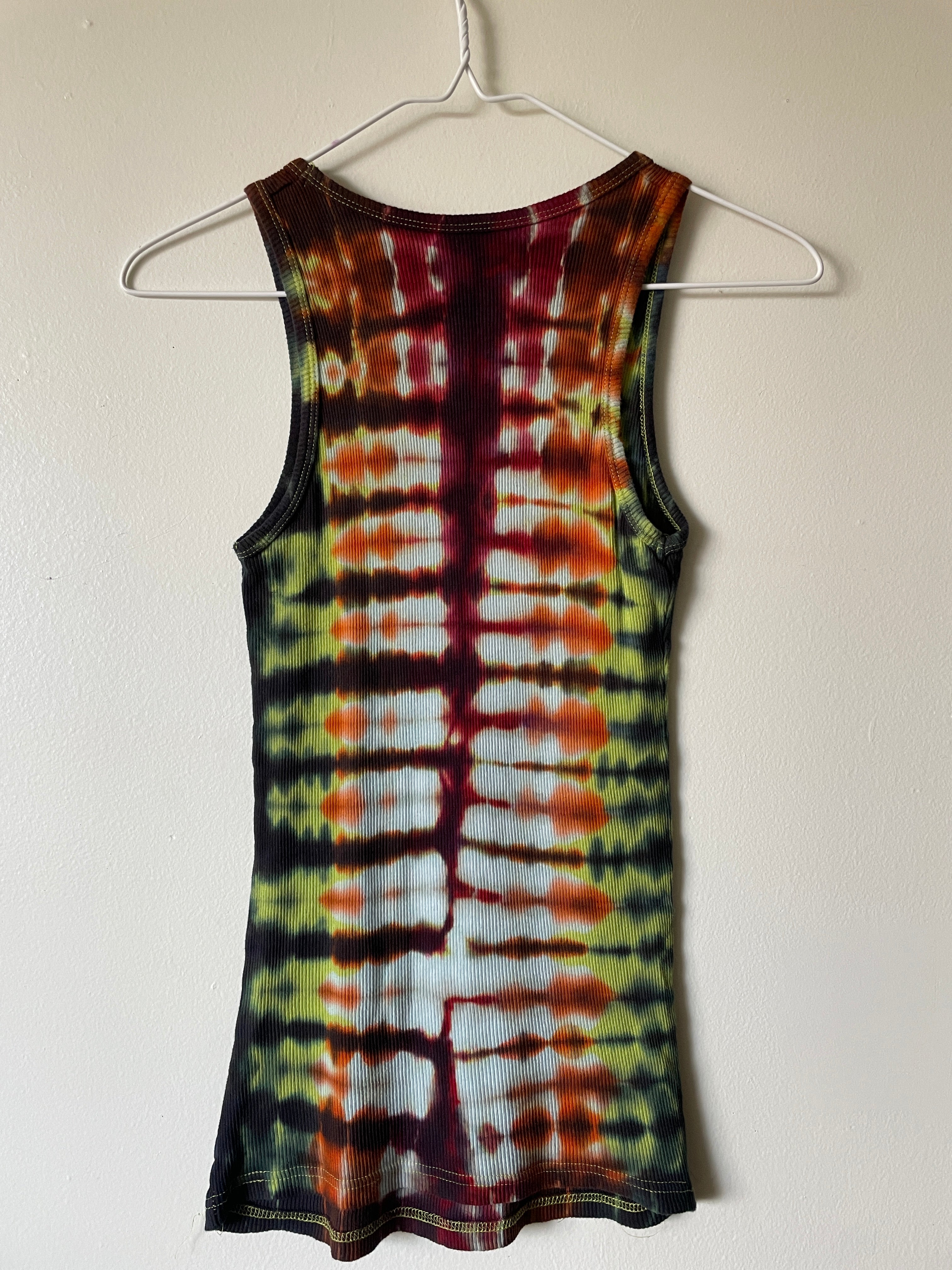 XL Women's Send It Skull Handmade Tie Dye Tank Top | One-Of-a-Kind Upcycled Orange and Black Pleated Sleeveless Top