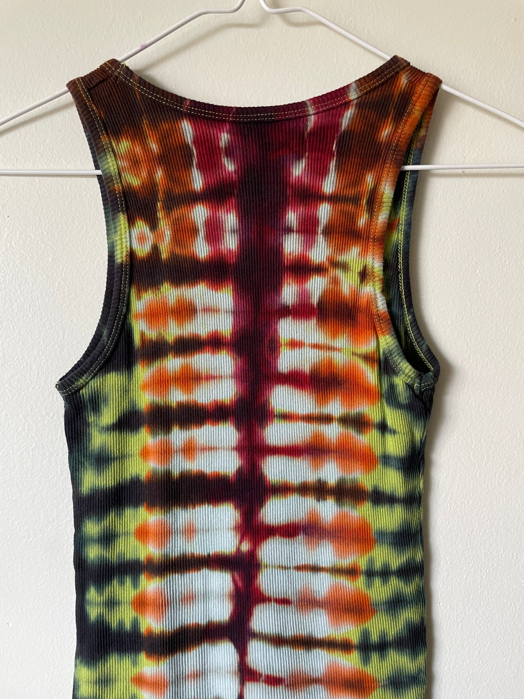 XL Women's Send It Skull Handmade Tie Dye Tank Top | One-Of-a-Kind Upcycled Orange and Black Pleated Sleeveless Top