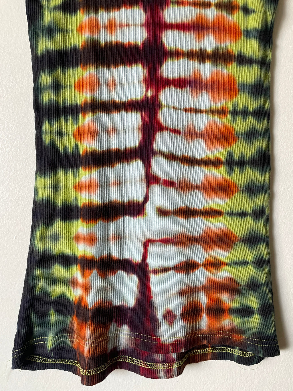 XL Women's Send It Skull Handmade Tie Dye Tank Top | One-Of-a-Kind Upcycled Orange and Black Pleated Sleeveless Top