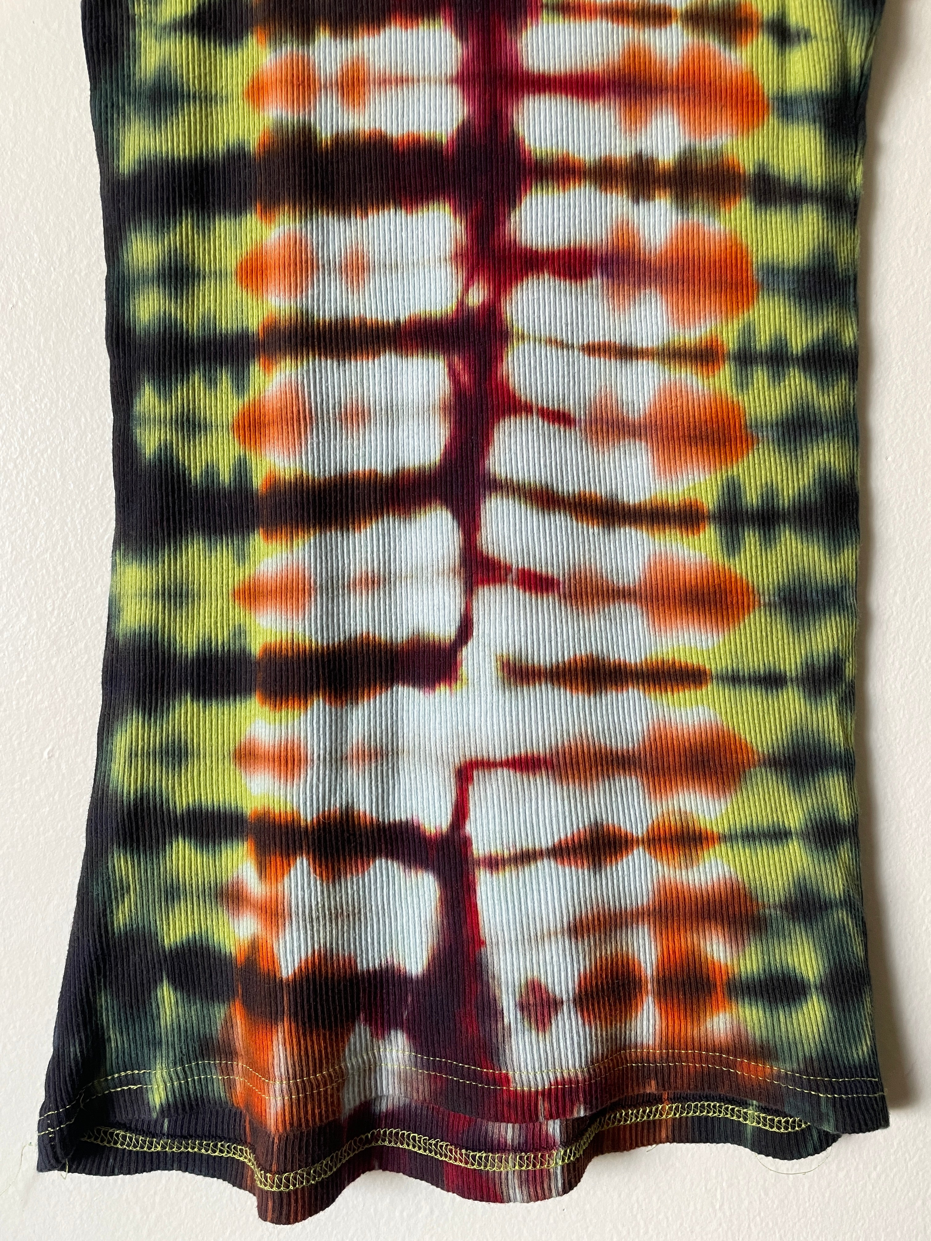 XL Women's Send It Skull Handmade Tie Dye Tank Top | One-Of-a-Kind Upcycled Orange and Black Pleated Sleeveless Top