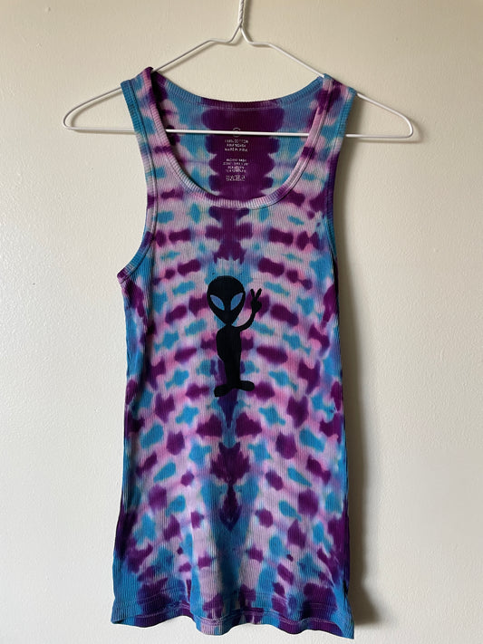 XL Women's Groovy Alien Handmade Tie Dye Tank Top | One-Of-a-Kind Upcycled Blue and Purple Pleated Sleeveless Top