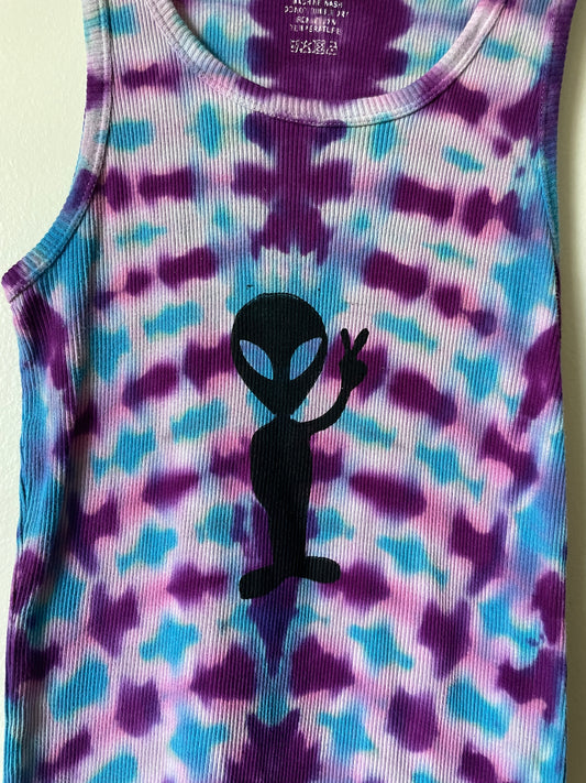 XL Women's Groovy Alien Handmade Tie Dye Tank Top | One-Of-a-Kind Upcycled Blue and Purple Pleated Sleeveless Top