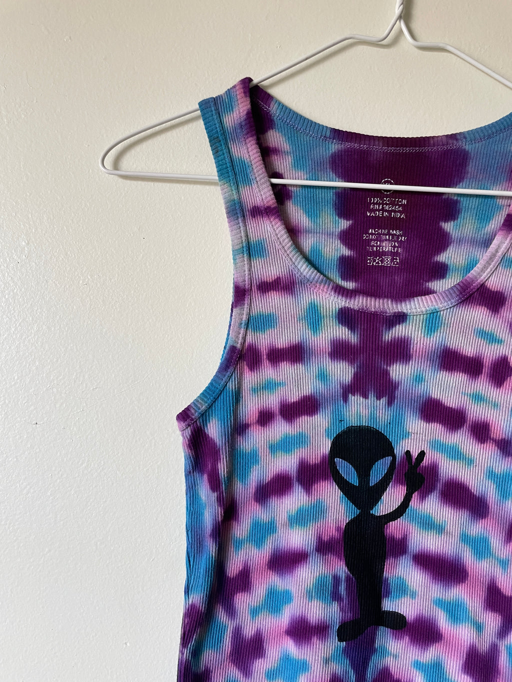 XL Women's Groovy Alien Handmade Tie Dye Tank Top | One-Of-a-Kind Upcycled Blue and Purple Pleated Sleeveless Top
