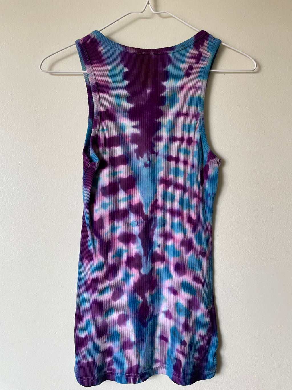 XL Women's Groovy Alien Handmade Tie Dye Tank Top | One-Of-a-Kind Upcycled Blue and Purple Pleated Sleeveless Top