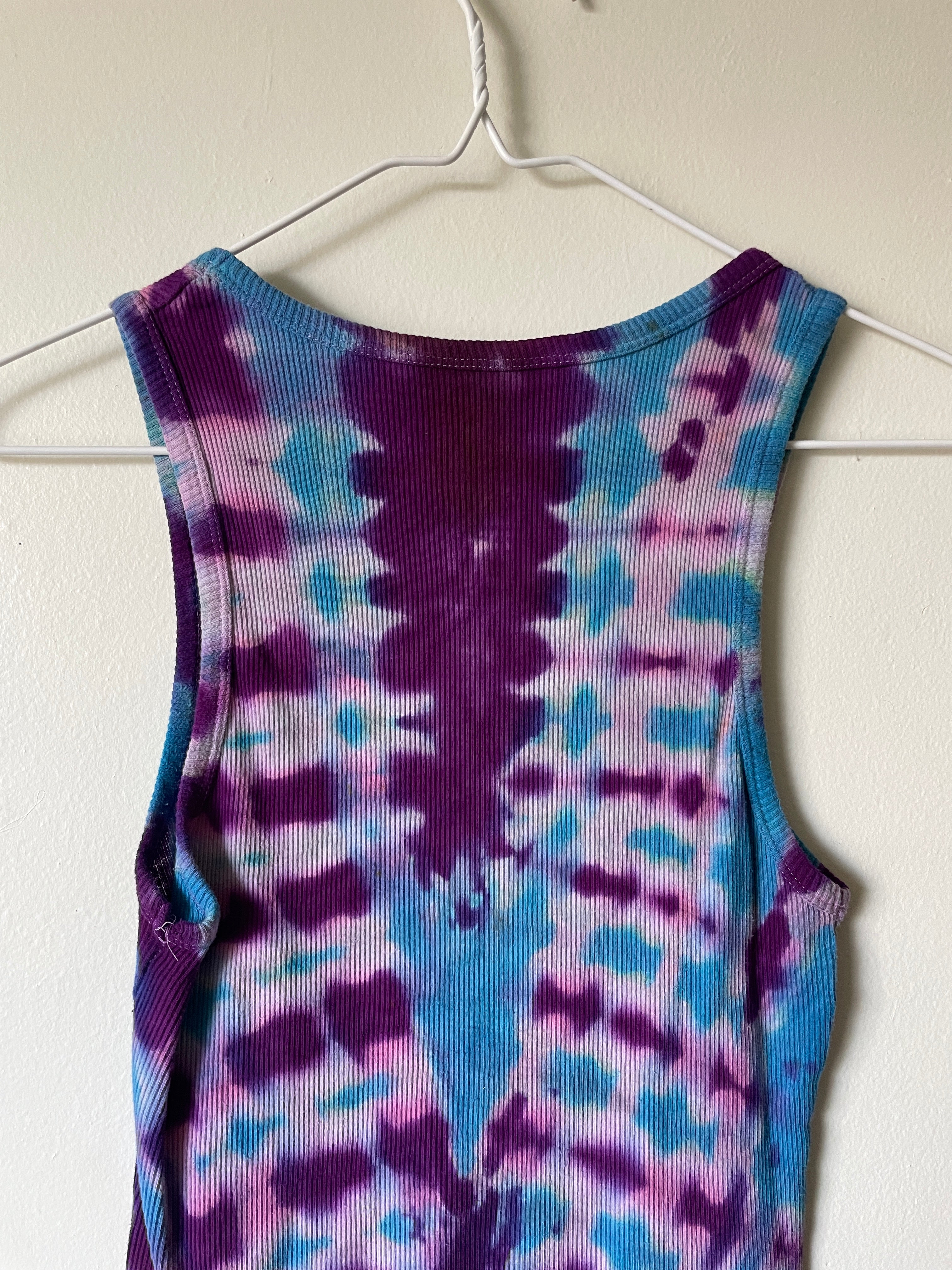 XL Women's Groovy Alien Handmade Tie Dye Tank Top | One-Of-a-Kind Upcycled Blue and Purple Pleated Sleeveless Top