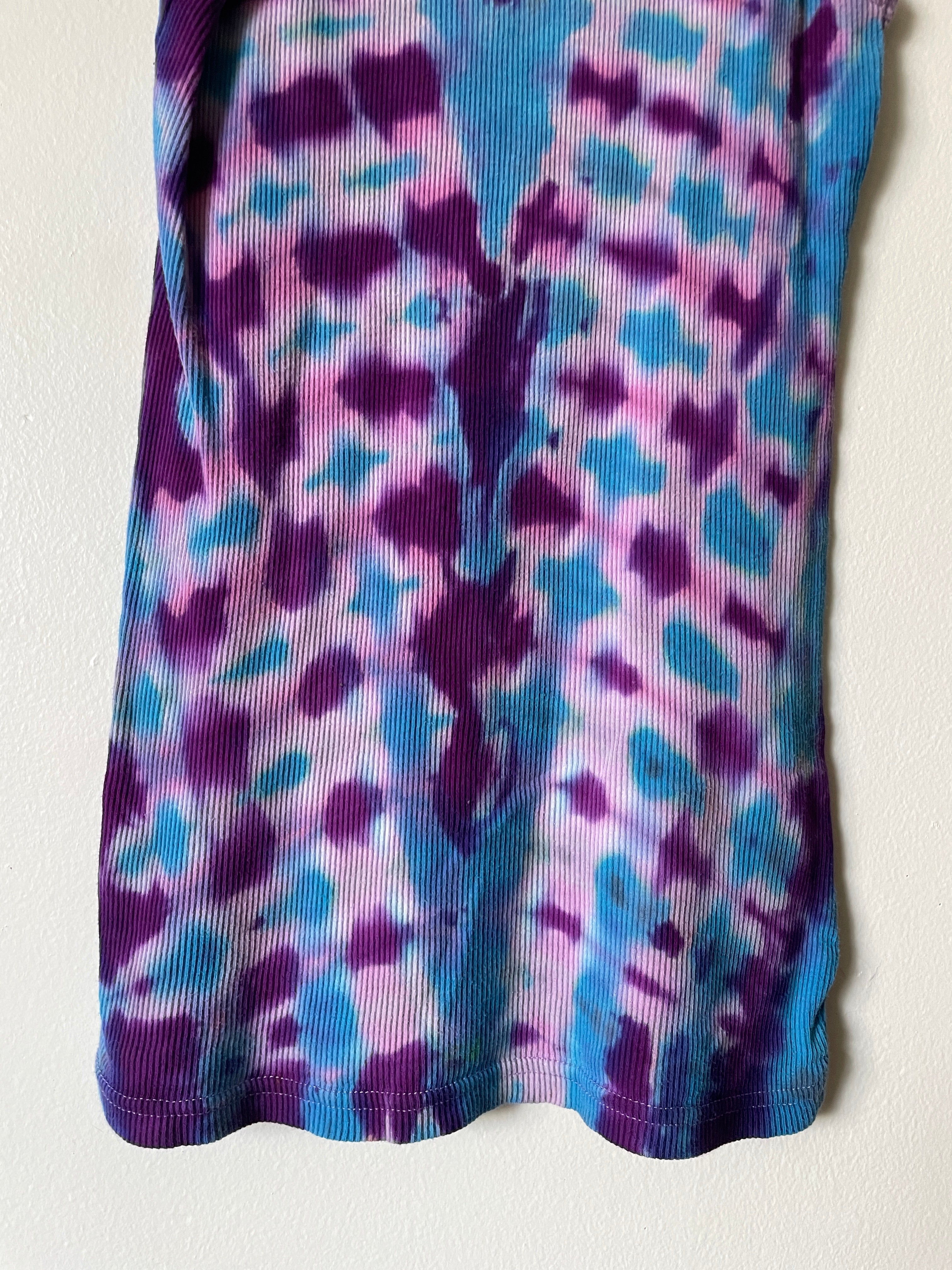 XL Women's Groovy Alien Handmade Tie Dye Tank Top | One-Of-a-Kind Upcycled Blue and Purple Pleated Sleeveless Top