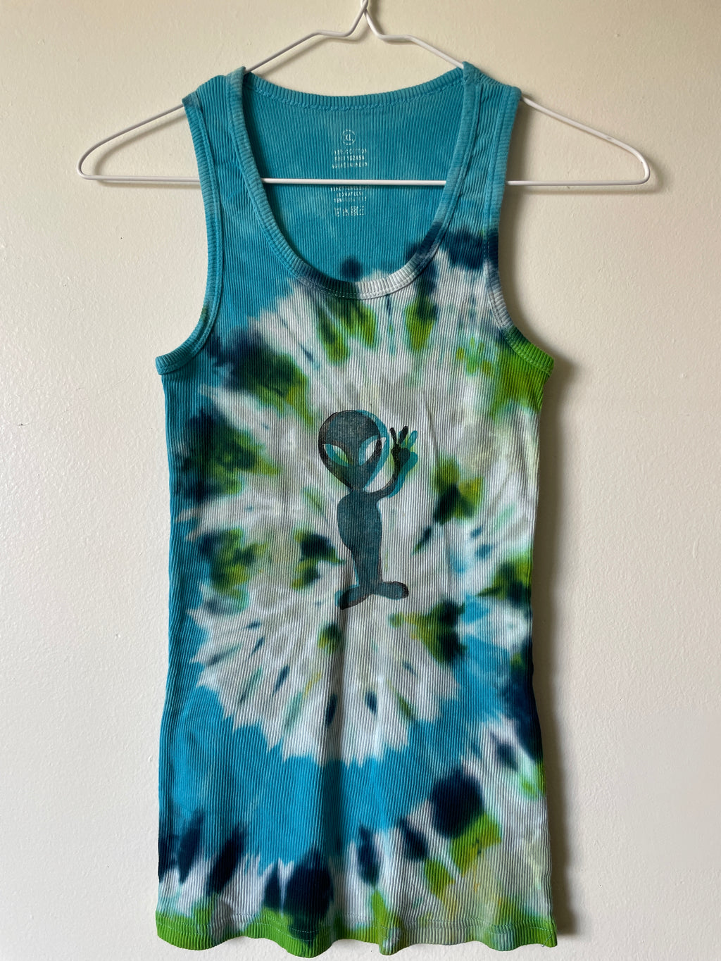 XL Women's Groovy Alien Handmade Tie Dye Tank Top | One-Of-a-Kind Upcycled Blue and Green Spiral Sleeveless Top