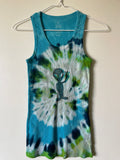 XL Women's Groovy Alien Handmade Tie Dye Tank Top | One-Of-a-Kind Upcycled Blue and Green Spiral Sleeveless Top