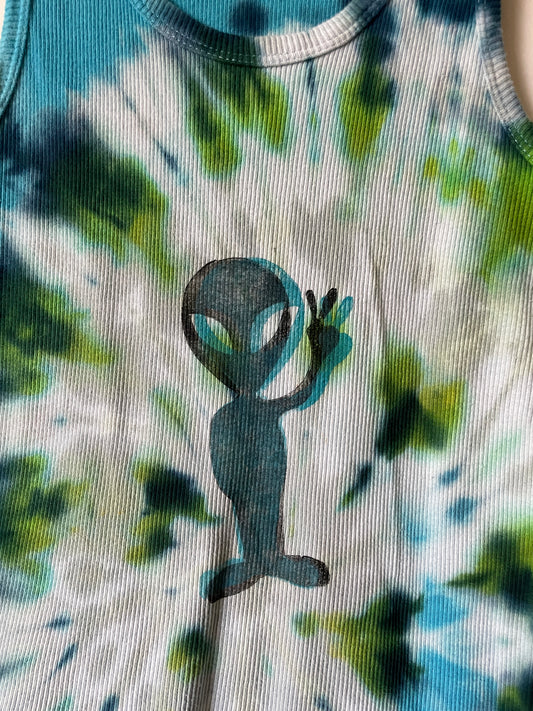 XL Women's Groovy Alien Handmade Tie Dye Tank Top | One-Of-a-Kind Upcycled Blue and Green Spiral Sleeveless Top