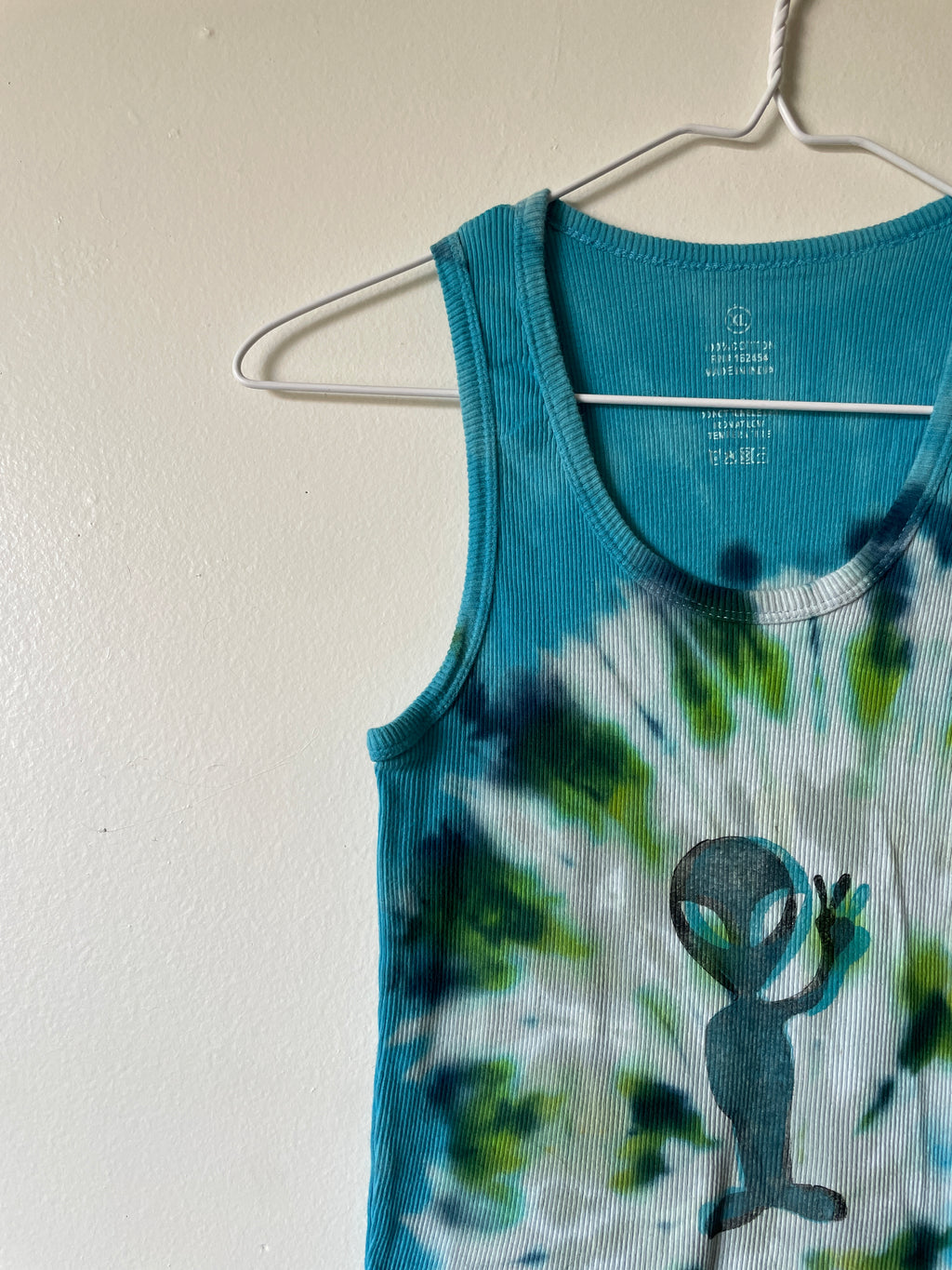 XL Women's Groovy Alien Handmade Tie Dye Tank Top | One-Of-a-Kind Upcycled Blue and Green Spiral Sleeveless Top