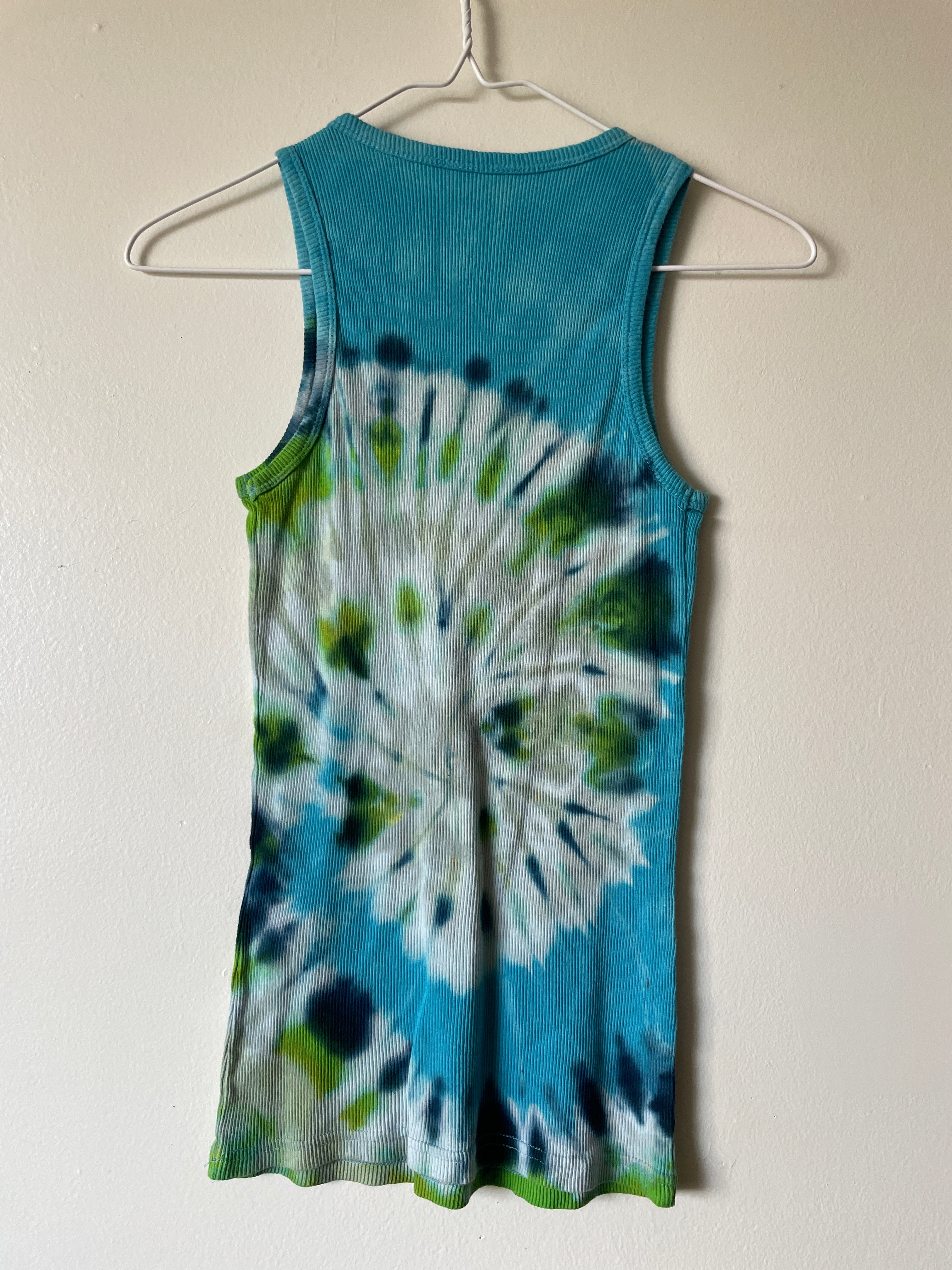 XL Women's Groovy Alien Handmade Tie Dye Tank Top | One-Of-a-Kind Upcycled Blue and Green Spiral Sleeveless Top