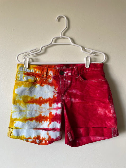 Women's Size 6 Eddie Bauer Half Red Half Yellow/Orange Dip Dye Shorts | One-Of-a-Kind Upcycled Warm Tones Sun Shorts
