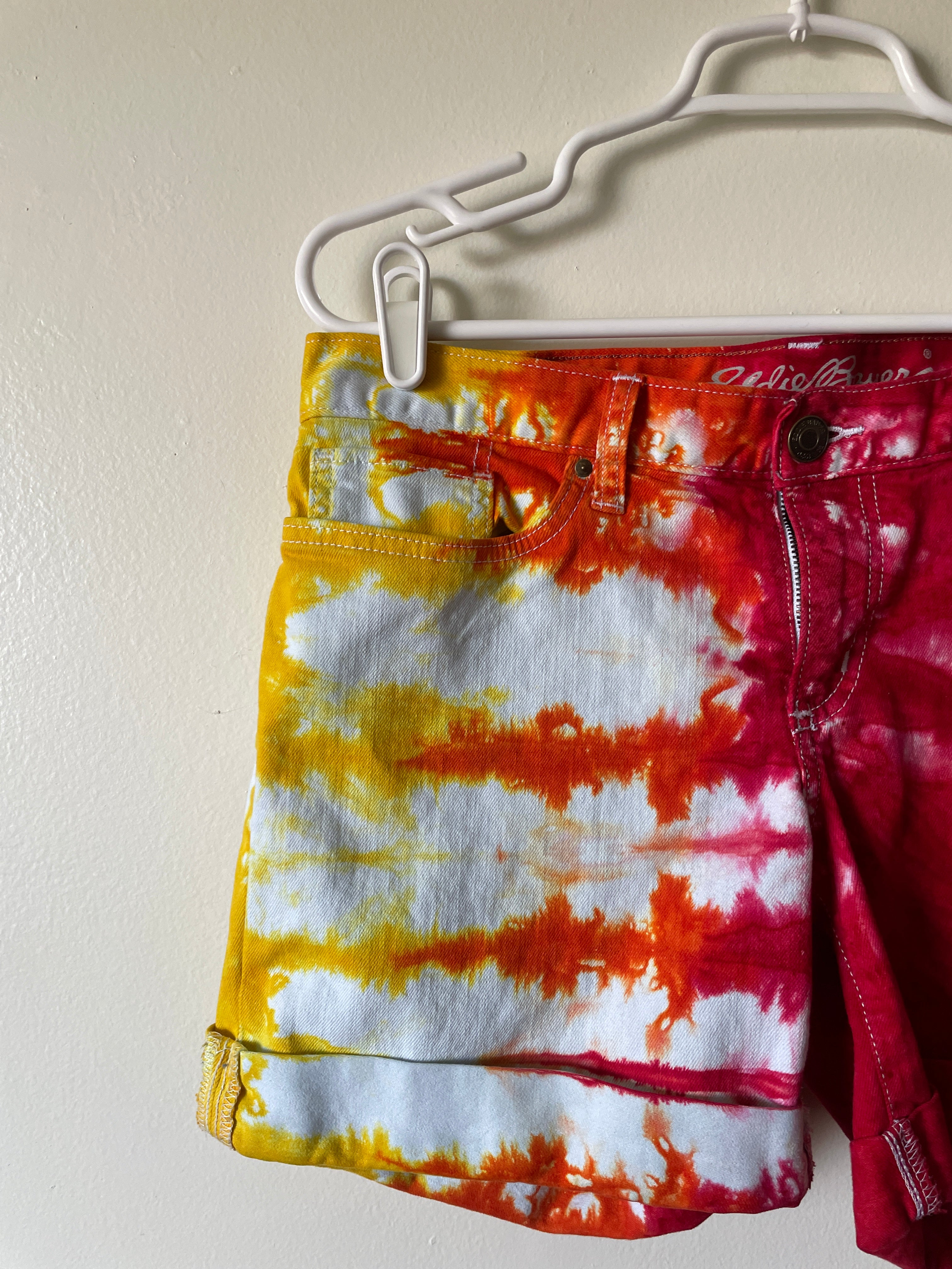 Women's Size 6 Eddie Bauer Half Red Half Yellow/Orange Dip Dye Shorts | One-Of-a-Kind Upcycled Warm Tones Sun Shorts