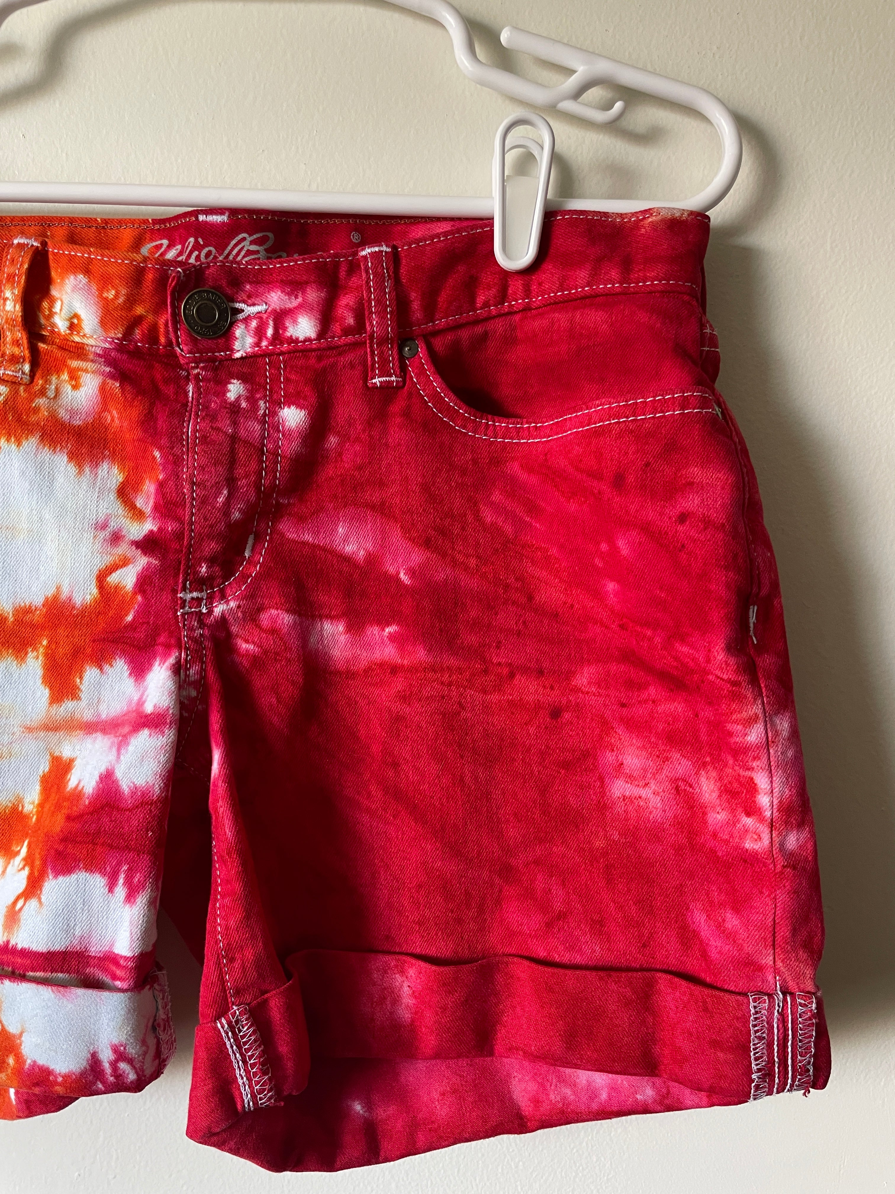 Women's Size 6 Eddie Bauer Half Red Half Yellow/Orange Dip Dye Shorts | One-Of-a-Kind Upcycled Warm Tones Sun Shorts