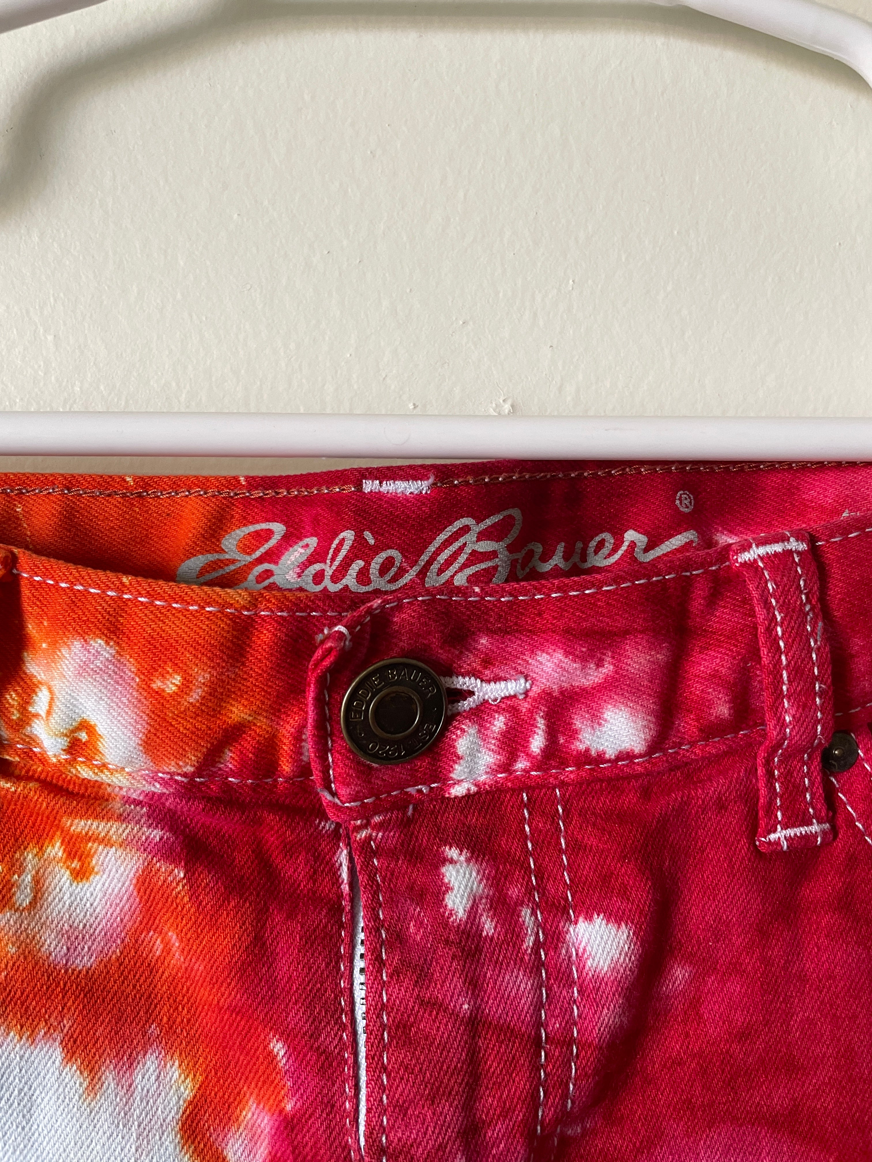 Women's Size 6 Eddie Bauer Half Red Half Yellow/Orange Dip Dye Shorts | One-Of-a-Kind Upcycled Warm Tones Sun Shorts