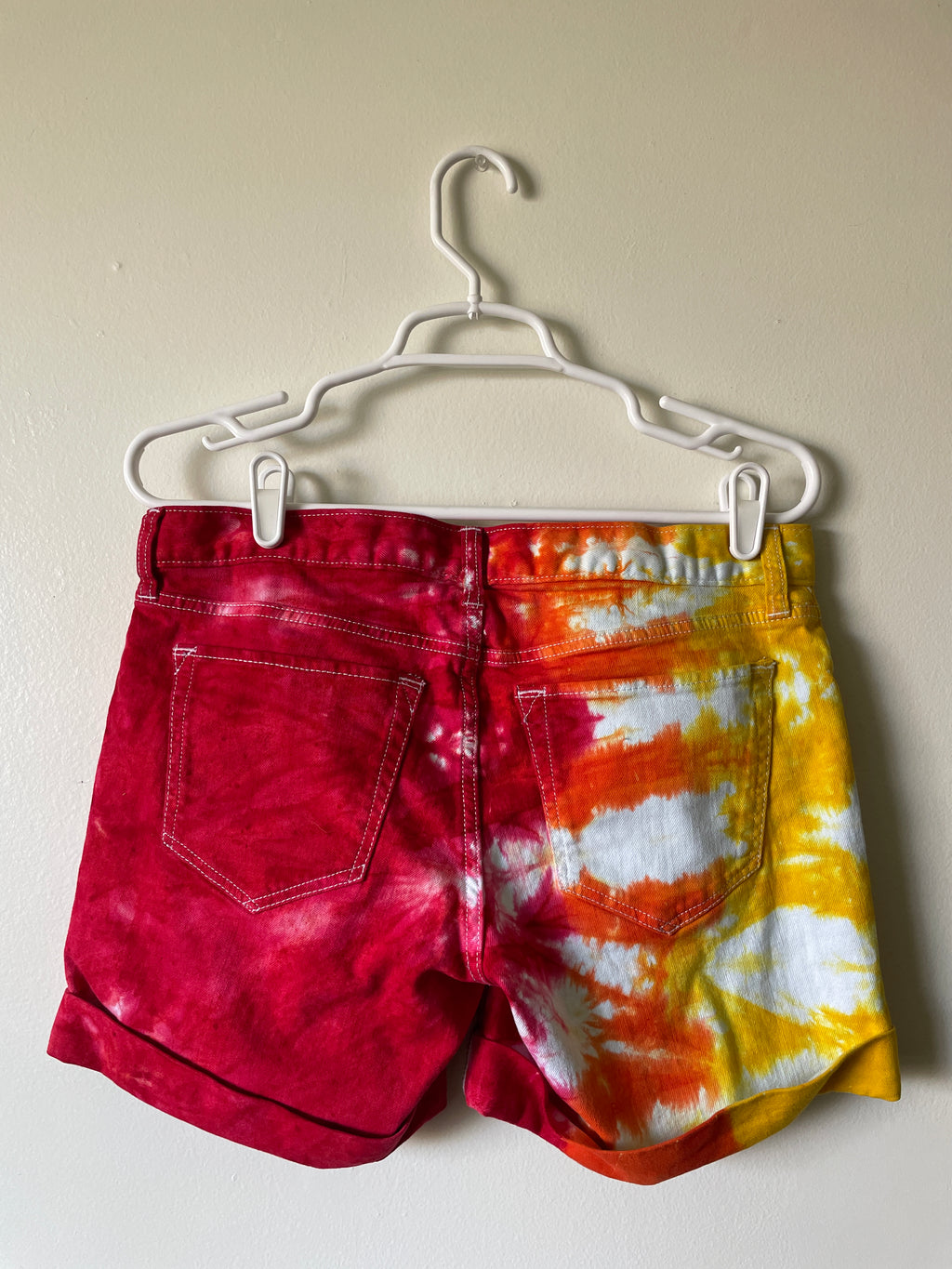 Women's Size 6 Eddie Bauer Half Red Half Yellow/Orange Dip Dye Shorts | One-Of-a-Kind Upcycled Warm Tones Sun Shorts