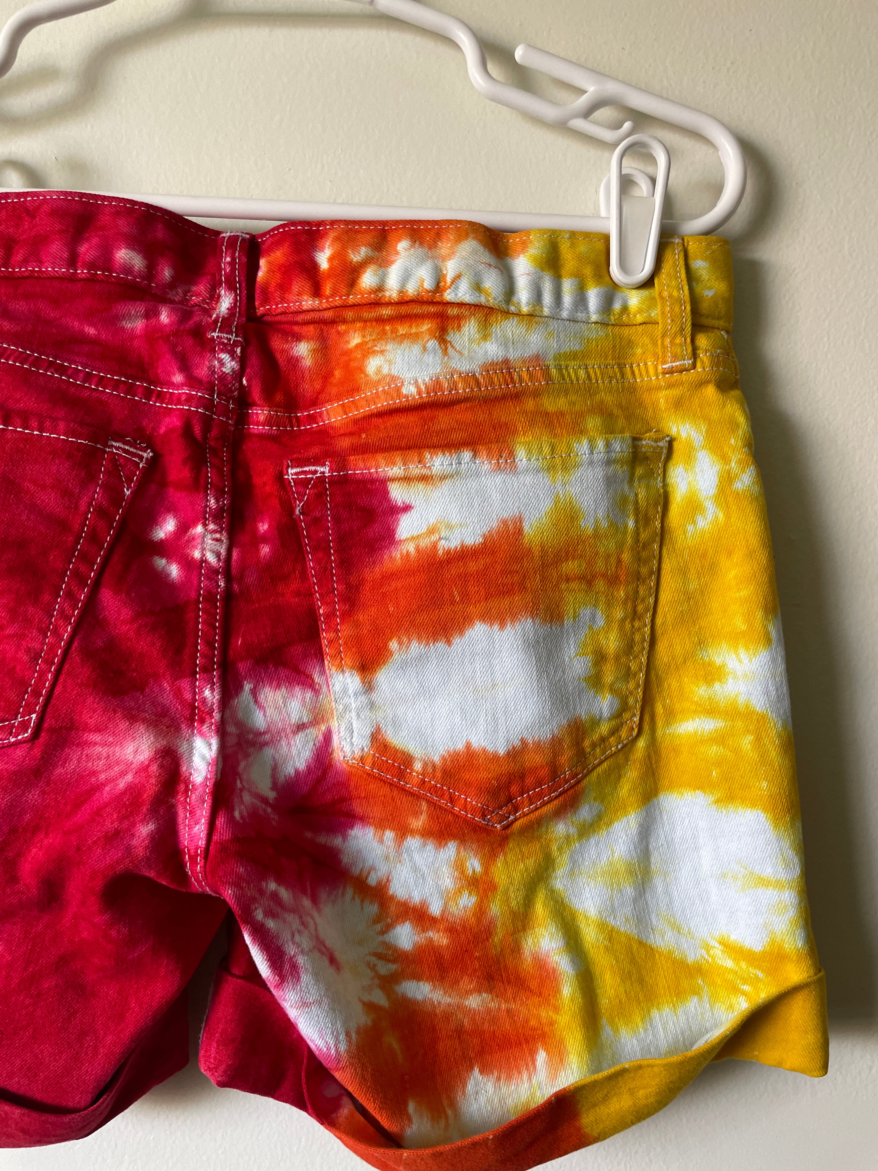 Women's Size 6 Eddie Bauer Half Red Half Yellow/Orange Dip Dye Shorts | One-Of-a-Kind Upcycled Warm Tones Sun Shorts