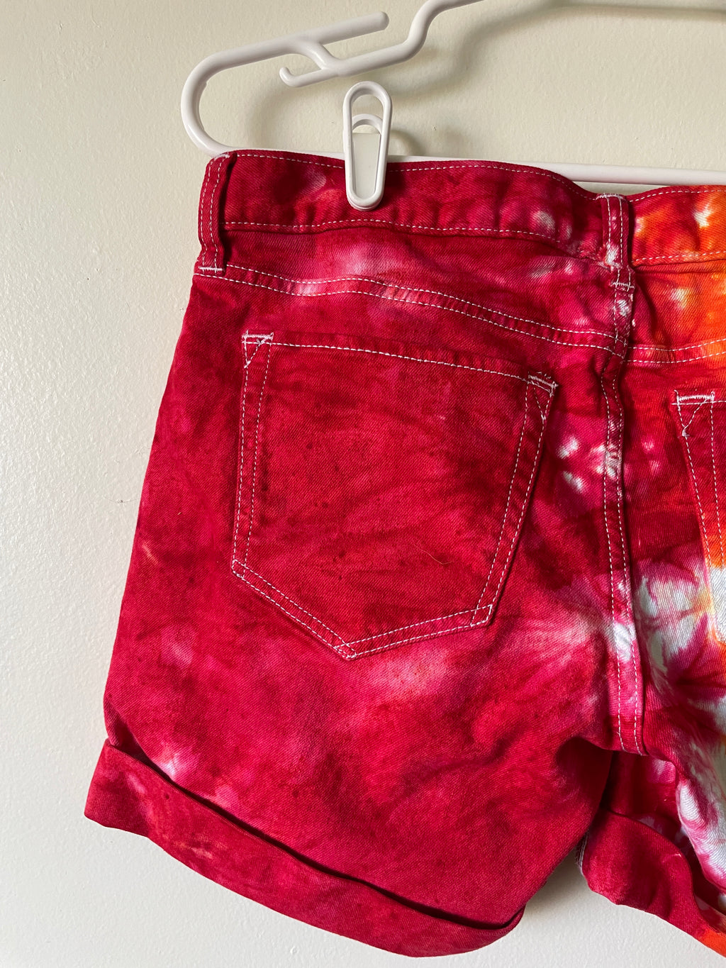 Women's Size 6 Eddie Bauer Half Red Half Yellow/Orange Dip Dye Shorts | One-Of-a-Kind Upcycled Warm Tones Sun Shorts