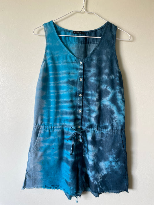 Women's Medium Shades of Blue Denim Dip Dye Short Romper | One-Of-a-Kind Upcycled Blue Handmade Tie Dye Jumpsuit