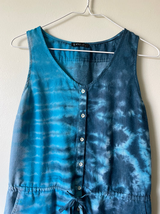 Women's Medium Shades of Blue Denim Dip Dye Short Romper | One-Of-a-Kind Upcycled Blue Handmade Tie Dye Jumpsuit