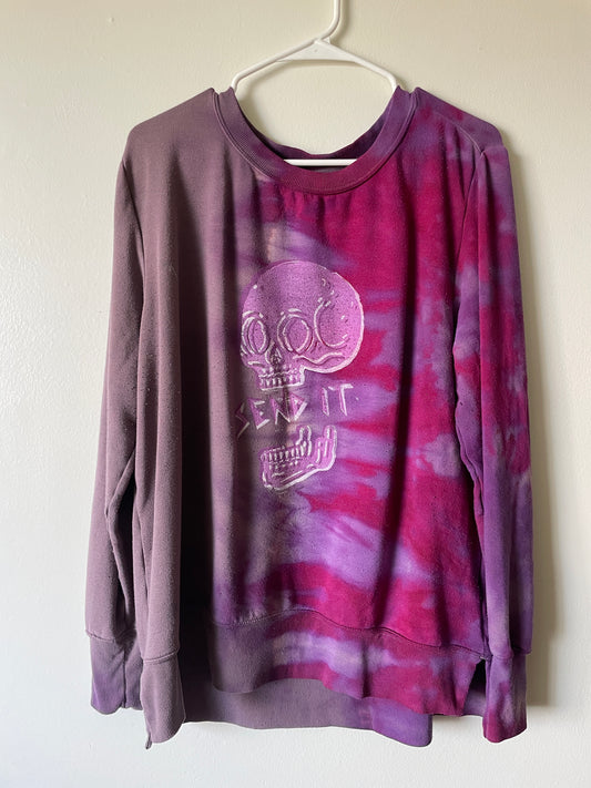 XL Women's Send It Skull Handmade Reverse Tie Dye Crewneck | One-Of-a-Kind Upcycled Pink and Purple Long Sleeve Sweatshirt