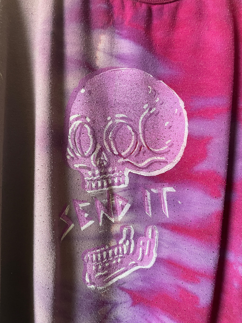 XL Women's Send It Skull Handmade Reverse Tie Dye Crewneck | One-Of-a-Kind Upcycled Pink and Purple Long Sleeve Sweatshirt
