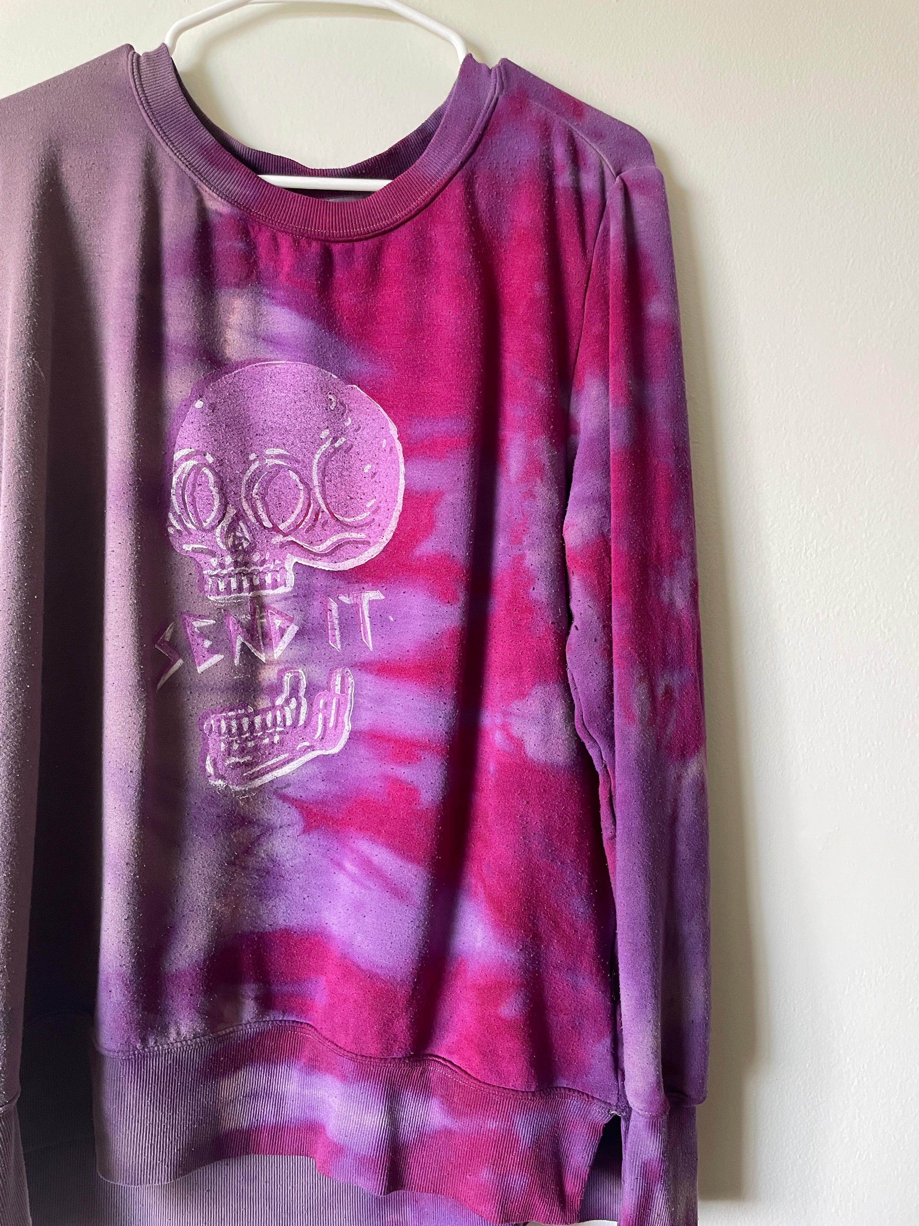 XL Women's Send It Skull Handmade Reverse Tie Dye Crewneck | One-Of-a-Kind Upcycled Pink and Purple Long Sleeve Sweatshirt