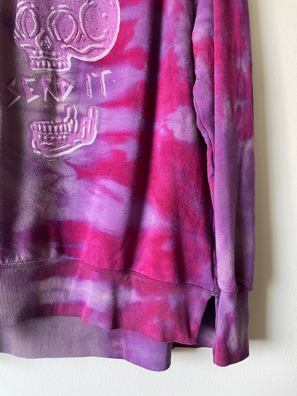 XL Women's Send It Skull Handmade Reverse Tie Dye Crewneck | One-Of-a-Kind Upcycled Pink and Purple Long Sleeve Sweatshirt