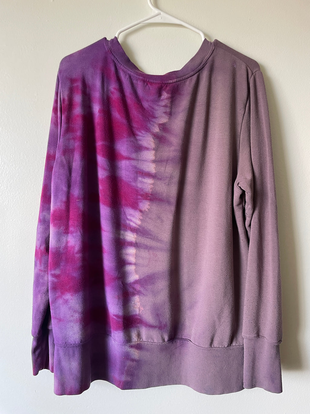 XL Women's Send It Skull Handmade Reverse Tie Dye Crewneck | One-Of-a-Kind Upcycled Pink and Purple Long Sleeve Sweatshirt