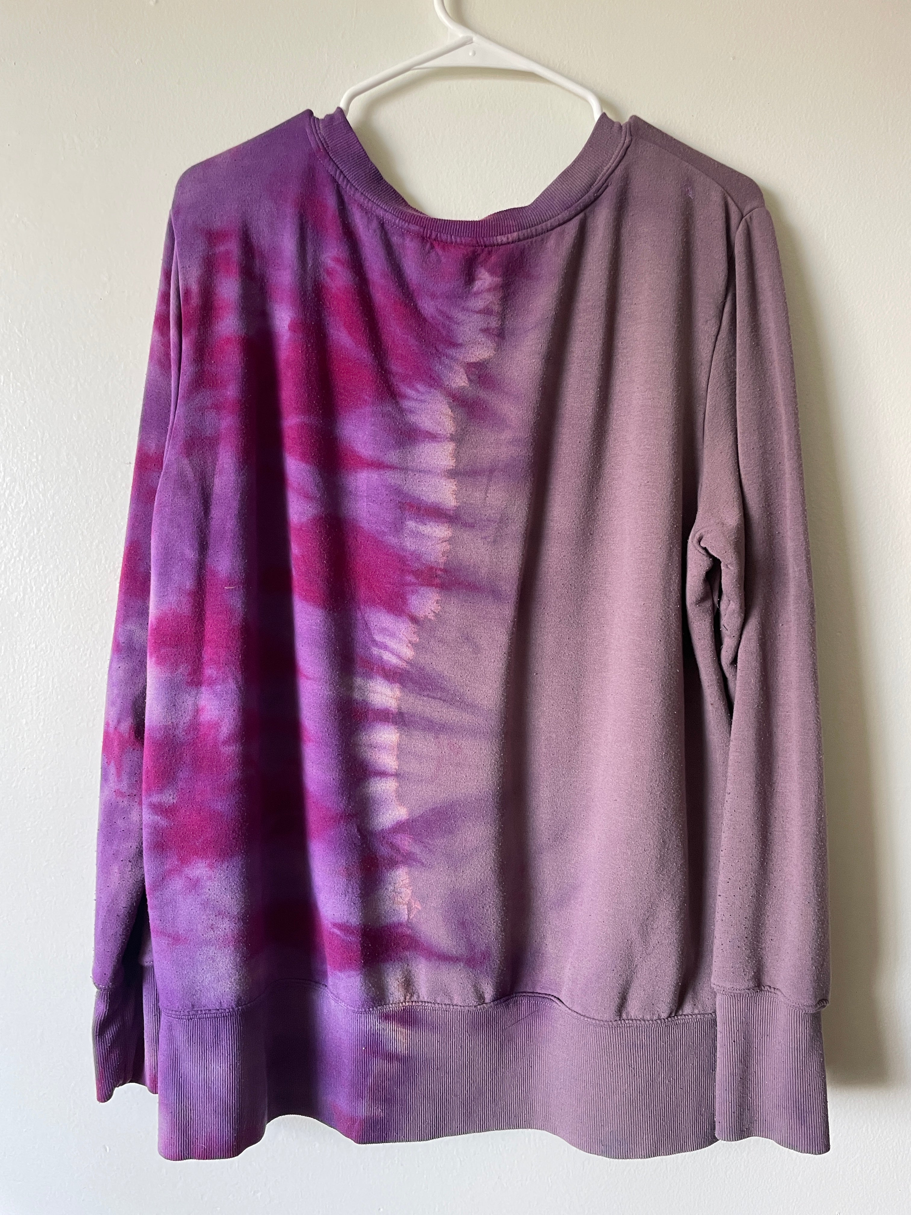 XL Women's Send It Skull Handmade Reverse Tie Dye Crewneck | One-Of-a-Kind Upcycled Pink and Purple Long Sleeve Sweatshirt