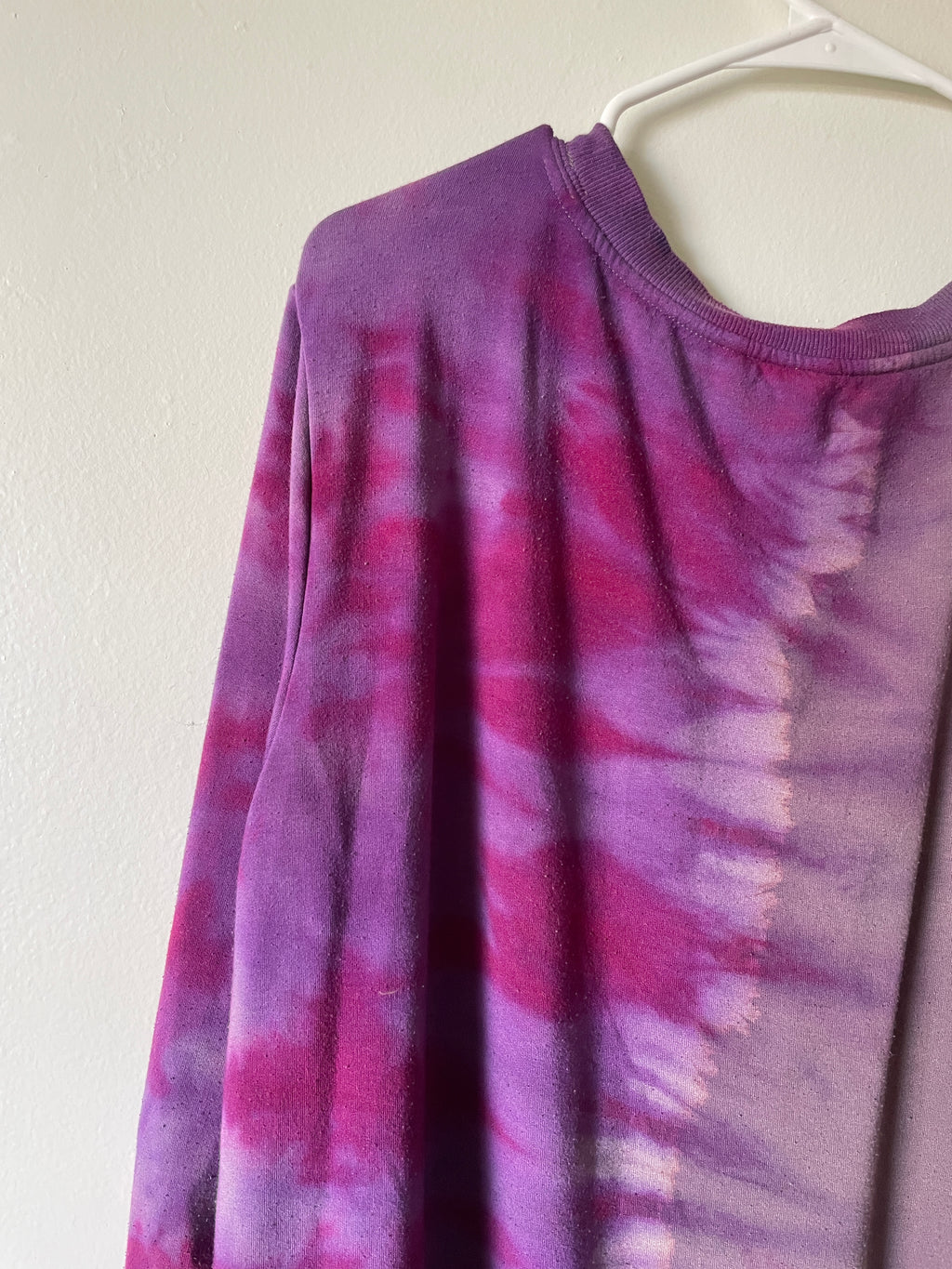 XL Women's Send It Skull Handmade Reverse Tie Dye Crewneck | One-Of-a-Kind Upcycled Pink and Purple Long Sleeve Sweatshirt