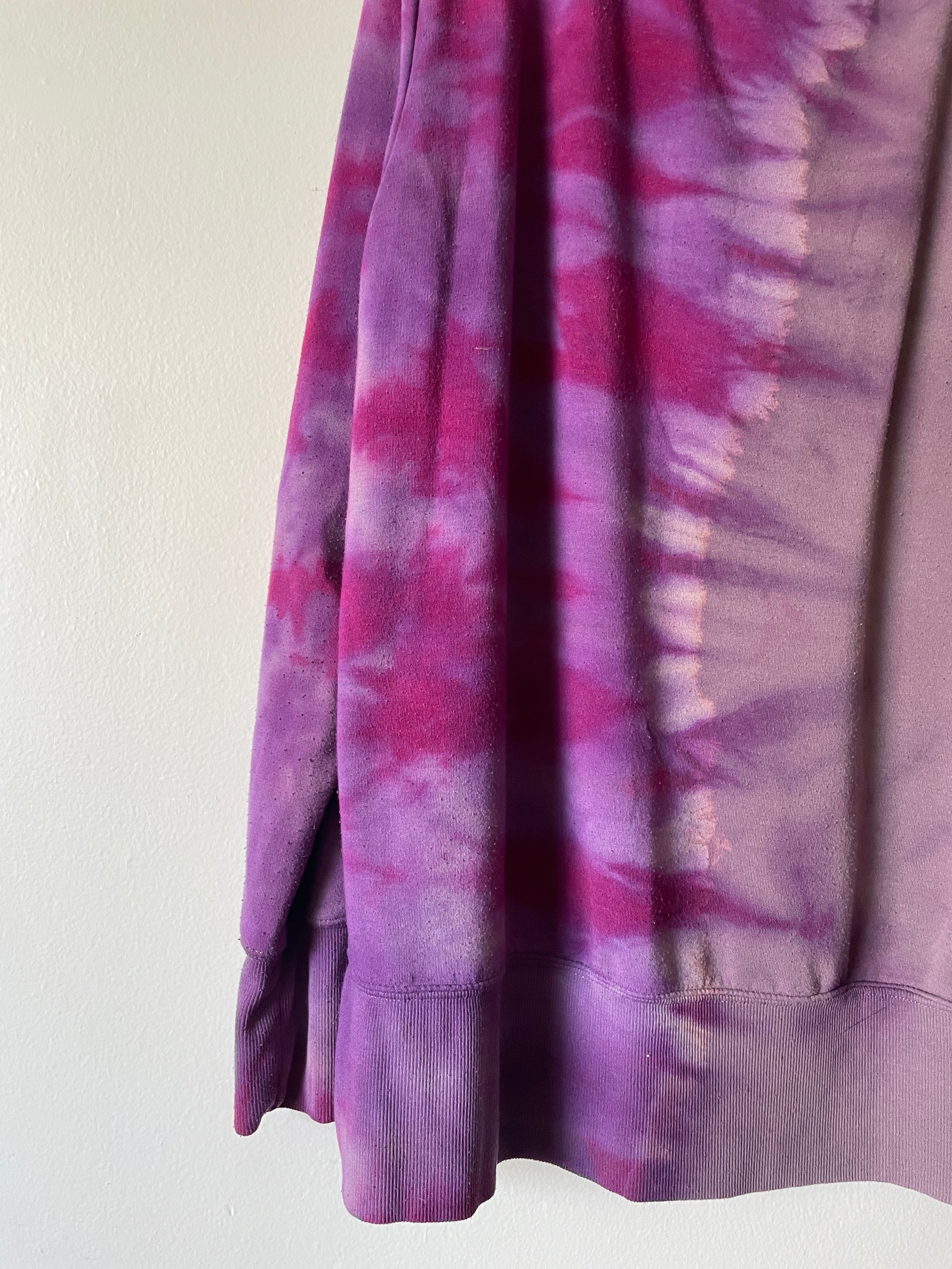 XL Women's Send It Skull Handmade Reverse Tie Dye Crewneck | One-Of-a-Kind Upcycled Pink and Purple Long Sleeve Sweatshirt