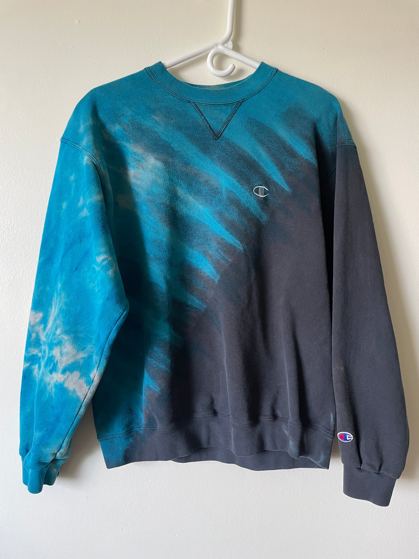 Large Men's Champion Reverse Tie Dye Long Sleeve Crewneck Sweatshirt | One-Of-a-Kind Upcycled Black and Blue Half-and-Half Sweatshirt