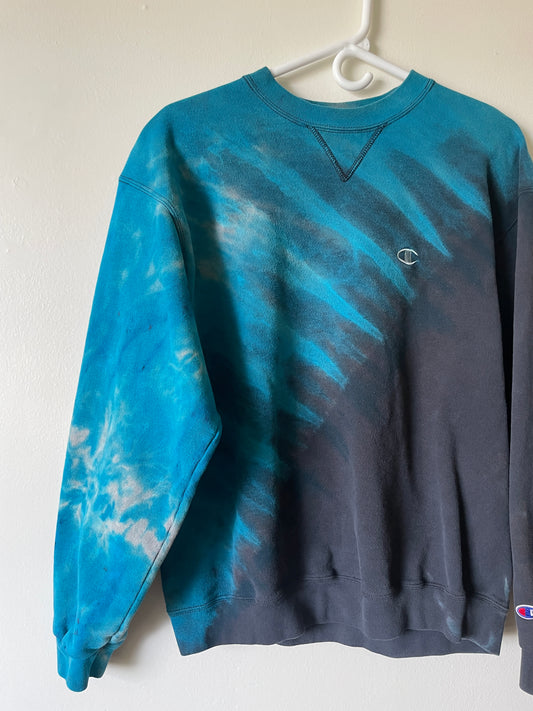 Large Men's Champion Reverse Tie Dye Long Sleeve Crewneck Sweatshirt | One-Of-a-Kind Upcycled Black and Blue Half-and-Half Sweatshirt