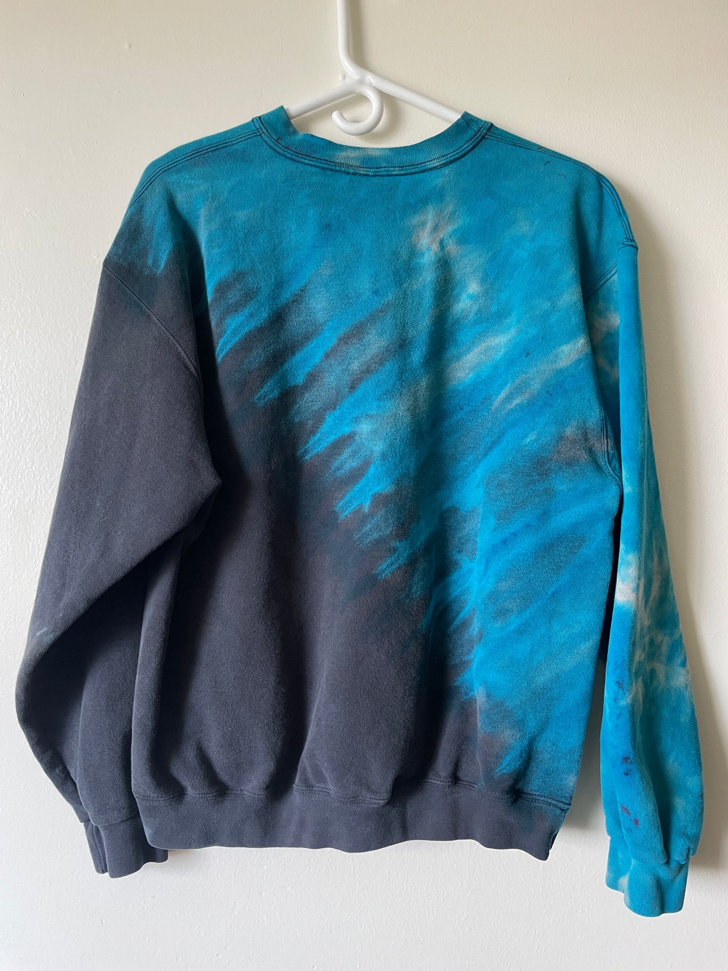 Large Men's Champion Reverse Tie Dye Long Sleeve Crewneck Sweatshirt | One-Of-a-Kind Upcycled Black and Blue Half-and-Half Sweatshirt