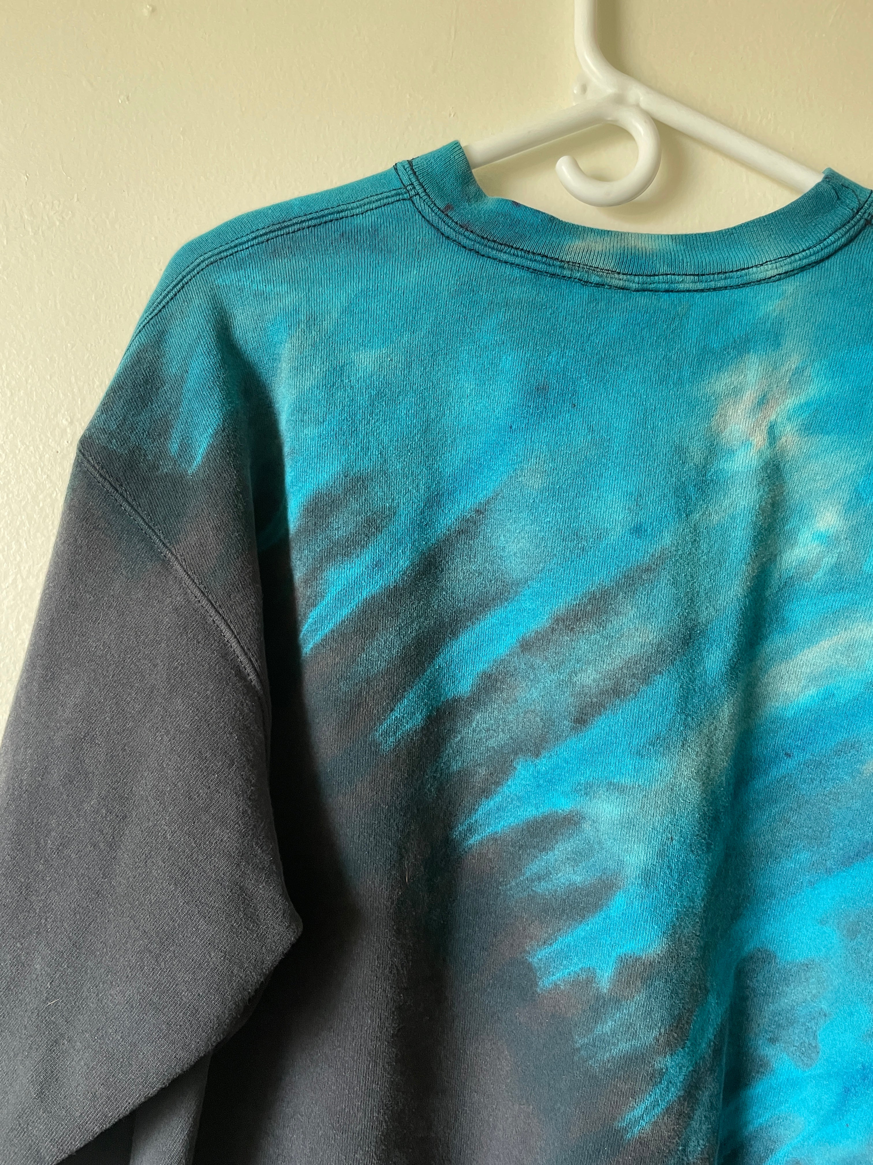 Large Men's Champion Reverse Tie Dye Long Sleeve Crewneck Sweatshirt | One-Of-a-Kind Upcycled Black and Blue Half-and-Half Sweatshirt