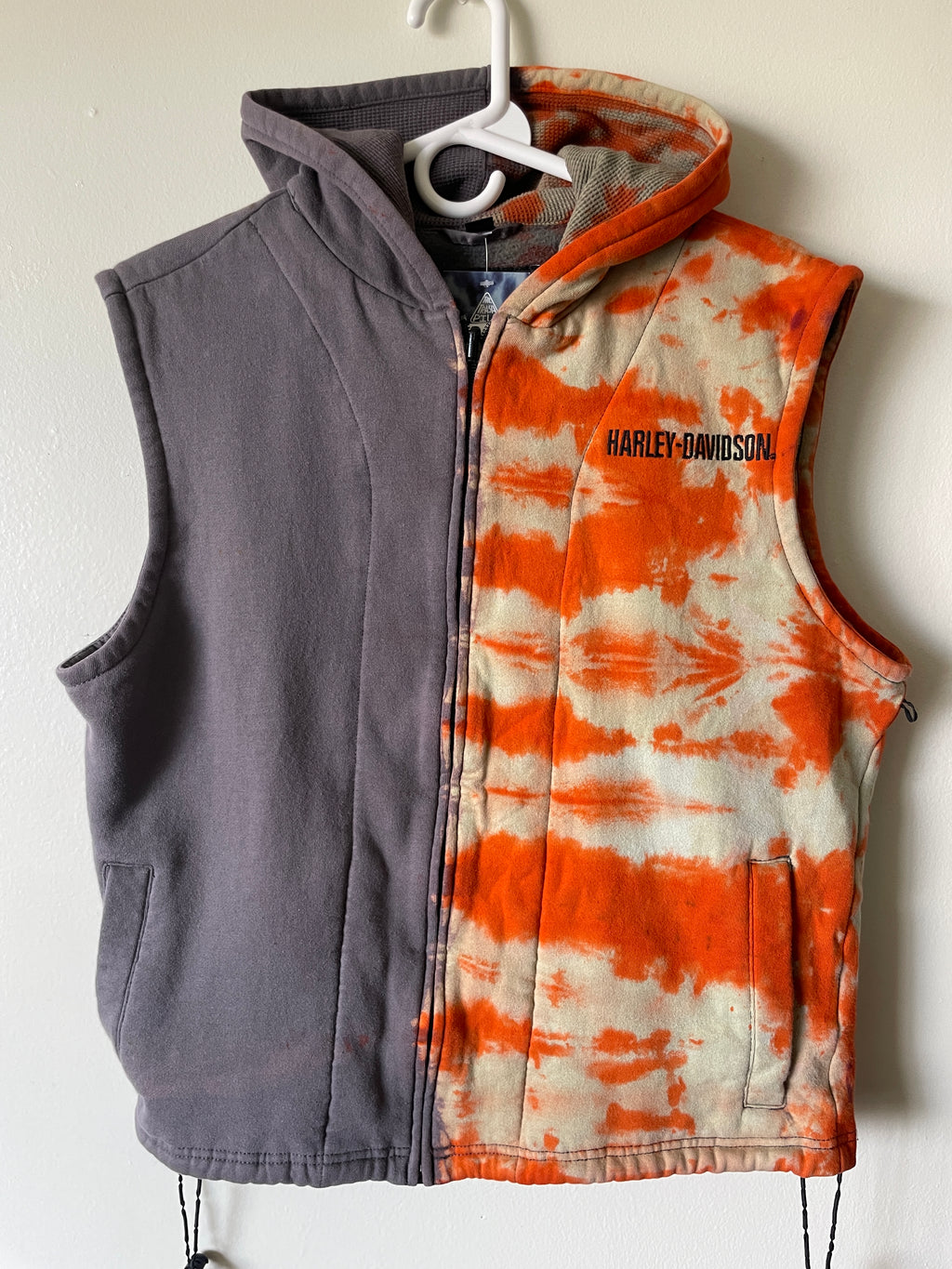 Large Men's Harley Davidson Reverse Tie Dye Sleeveless Hoodie Vest | One-Of-a-Kind Upcycled Gray and Orange Half-and-Half Sweatshirt