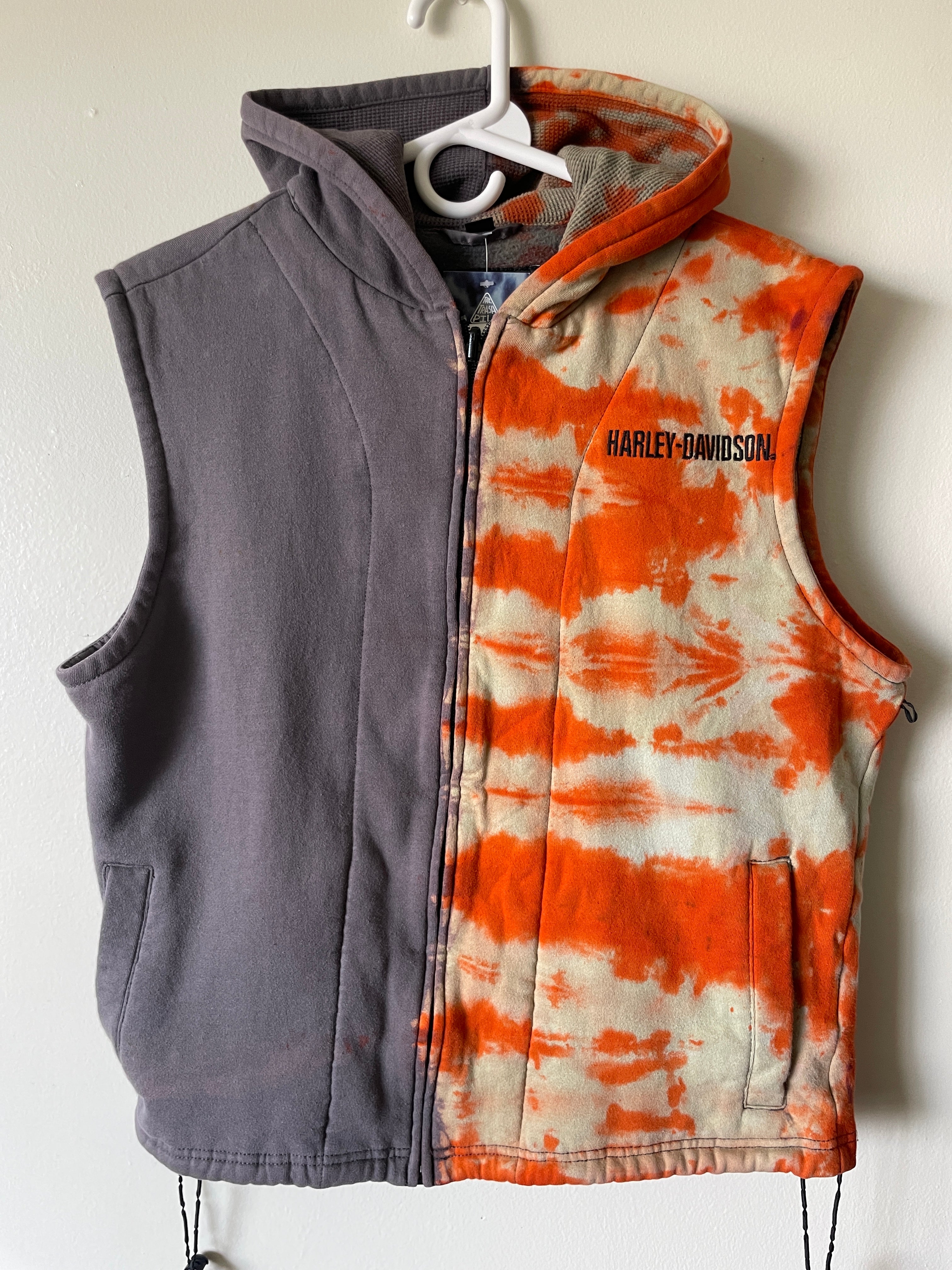 Large Men's Harley Davidson Reverse Tie Dye Sleeveless Hoodie Vest | One-Of-a-Kind Upcycled Gray and Orange Half-and-Half Sweatshirt