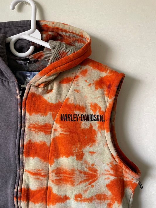 Large Men's Harley Davidson Reverse Tie Dye Sleeveless Hoodie Vest | One-Of-a-Kind Upcycled Gray and Orange Half-and-Half Sweatshirt