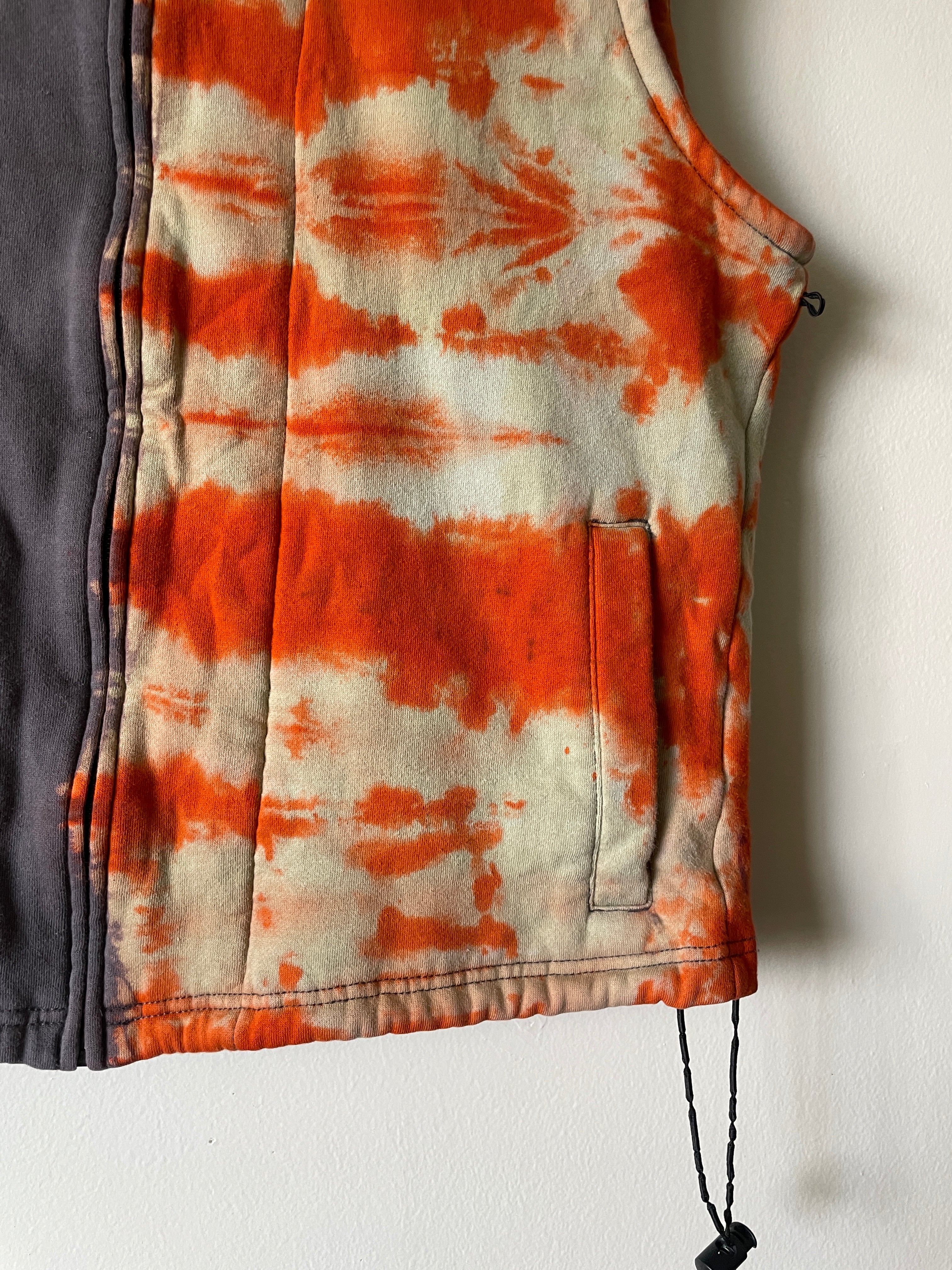 Large Men's Harley Davidson Reverse Tie Dye Sleeveless Hoodie Vest | One-Of-a-Kind Upcycled Gray and Orange Half-and-Half Sweatshirt