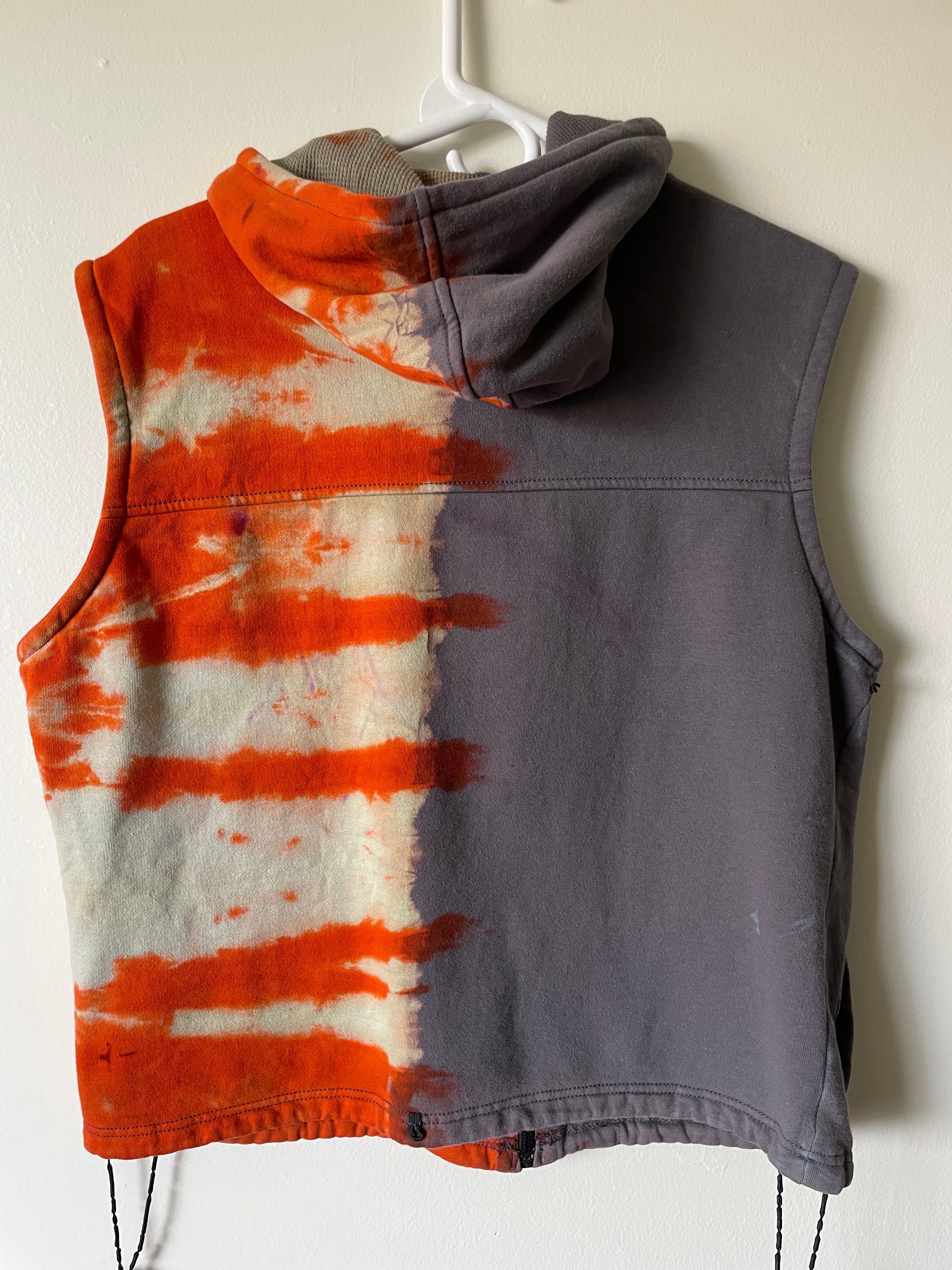 Large Men's Harley Davidson Reverse Tie Dye Sleeveless Hoodie Vest | One-Of-a-Kind Upcycled Gray and Orange Half-and-Half Sweatshirt