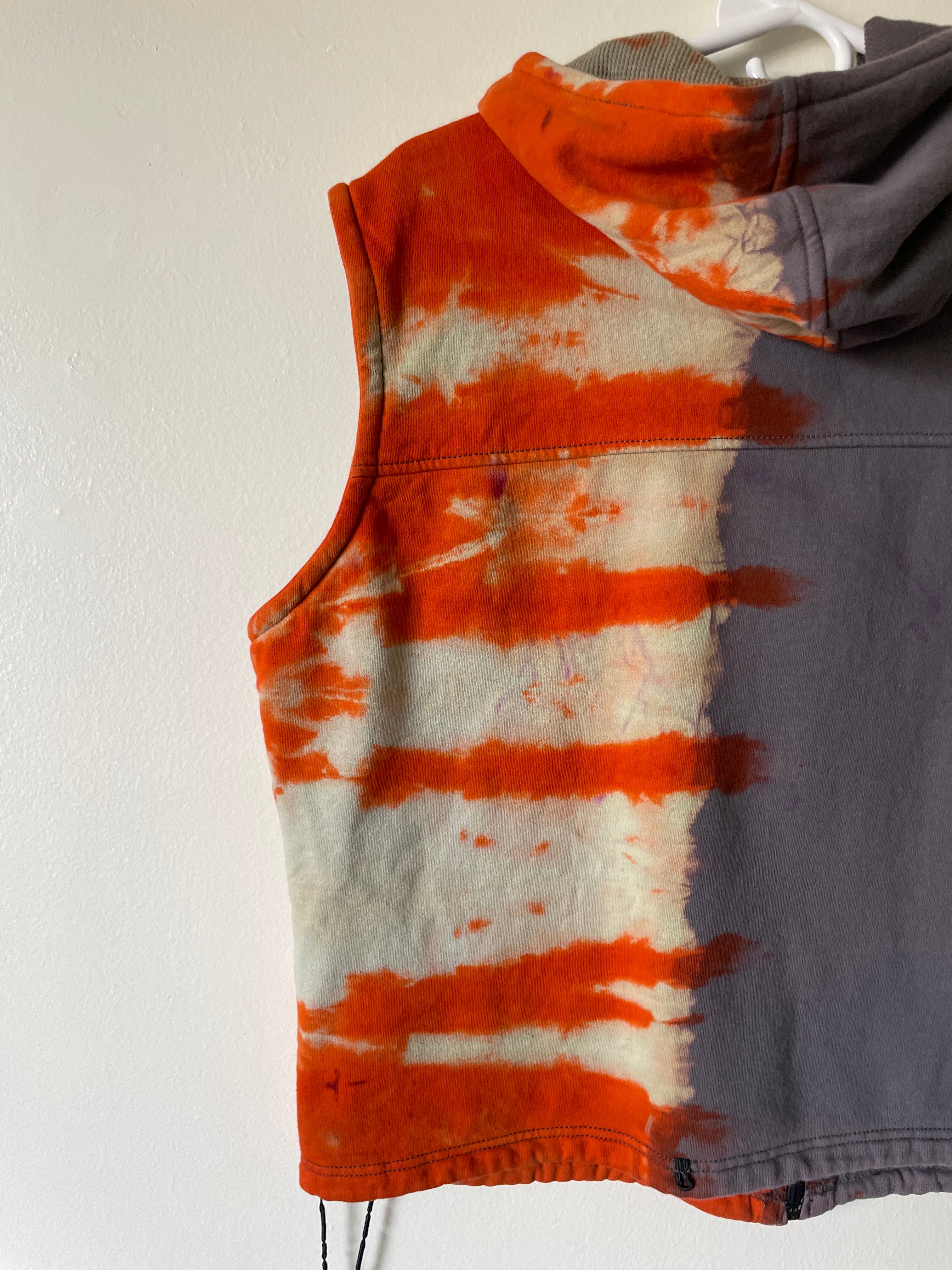 Large Men's Harley Davidson Reverse Tie Dye Sleeveless Hoodie Vest | One-Of-a-Kind Upcycled Gray and Orange Half-and-Half Sweatshirt