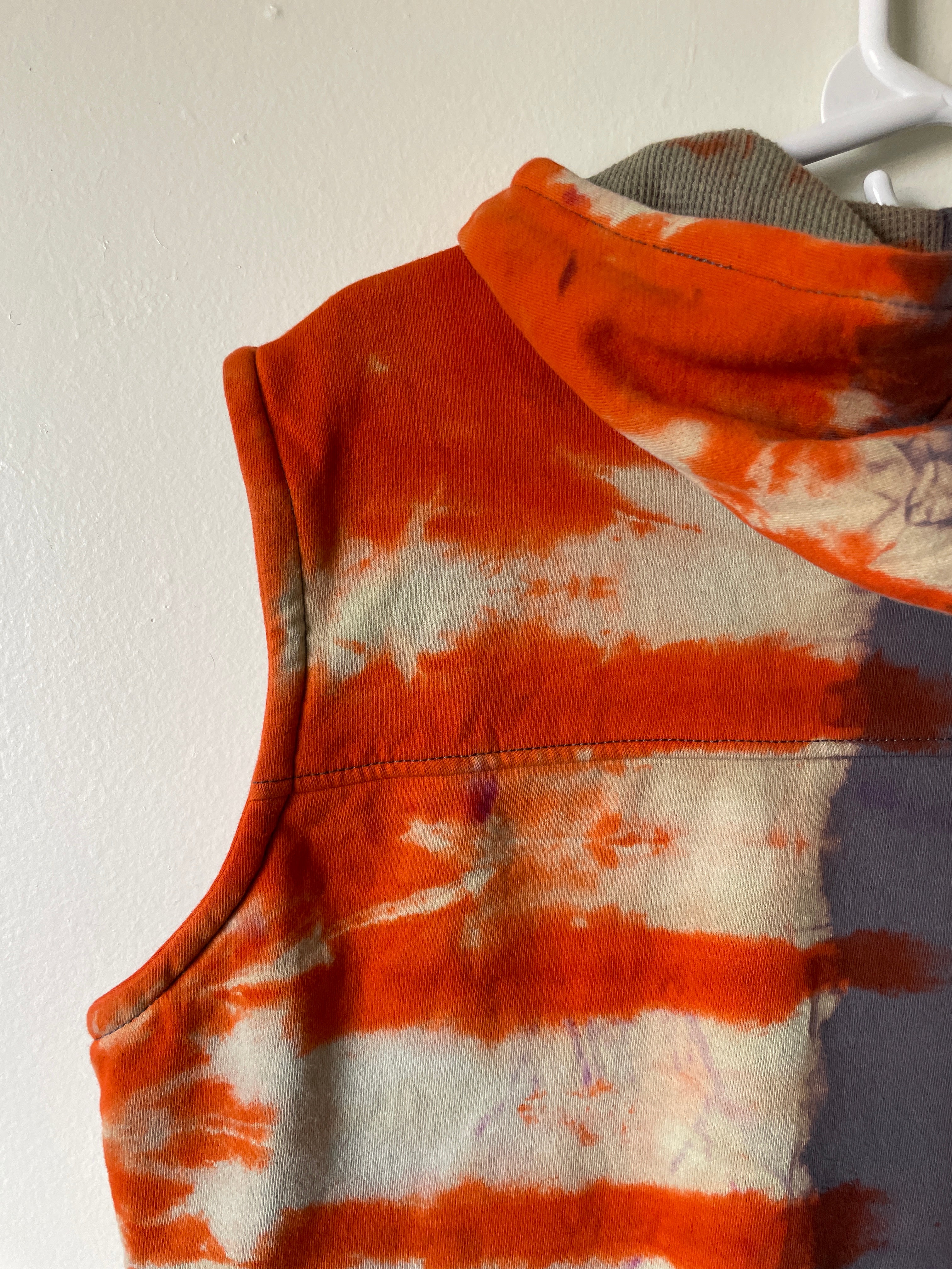 Large Men's Harley Davidson Reverse Tie Dye Sleeveless Hoodie Vest | One-Of-a-Kind Upcycled Gray and Orange Half-and-Half Sweatshirt
